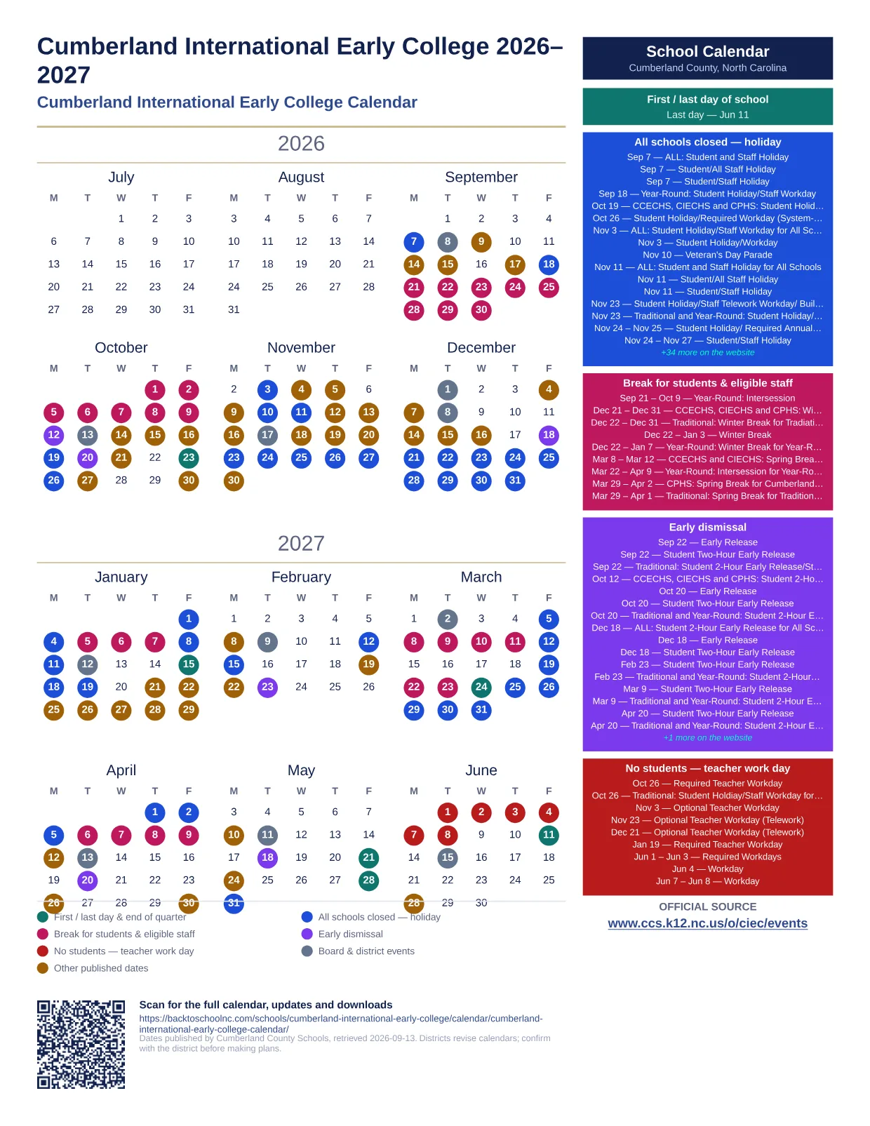 Cumberland International Early College  printable calendar
