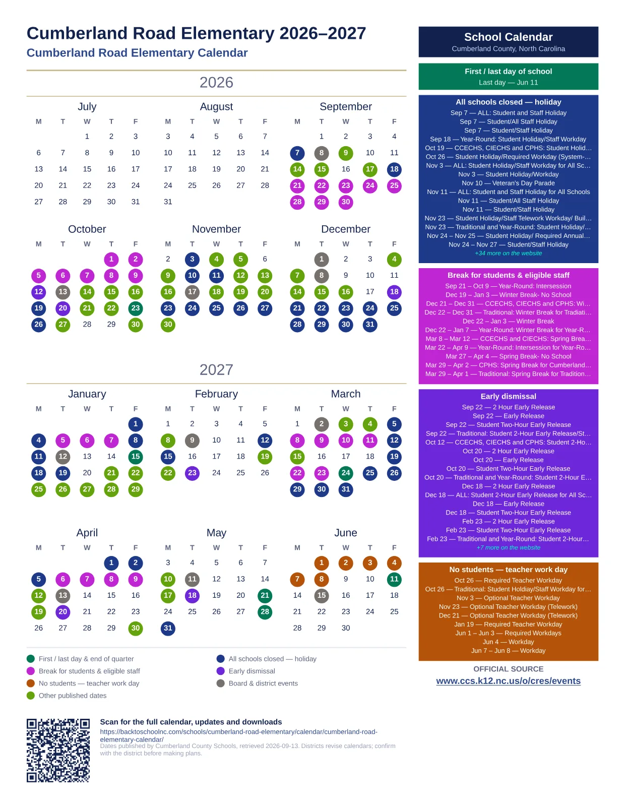 Cumberland Road Elementary  printable calendar