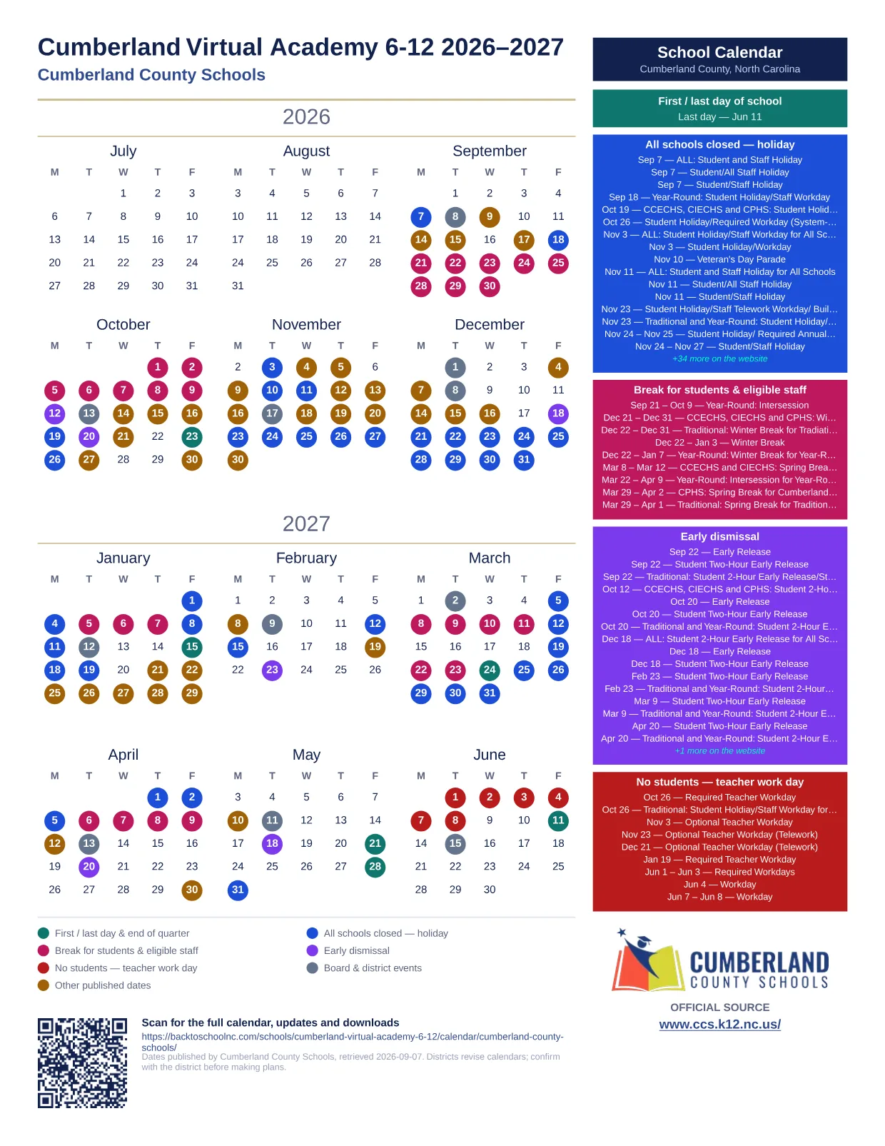 Cumberland Virtual Academy 6-12 printable calendar