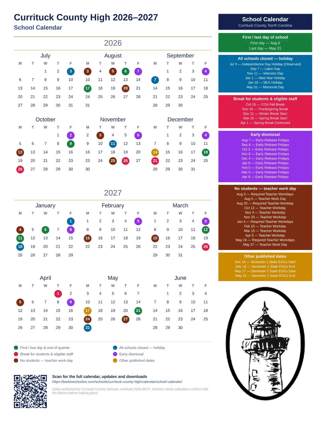 Currituck County High 2026–2027 printable calendar