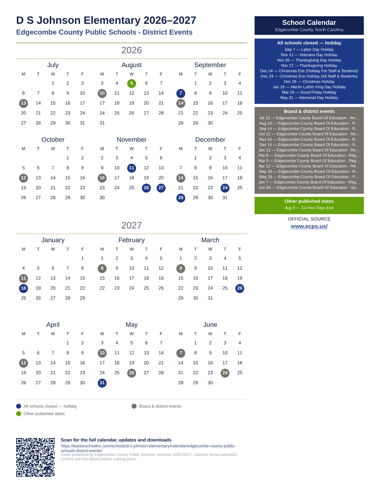 D S Johnson Elementary printable calendar
