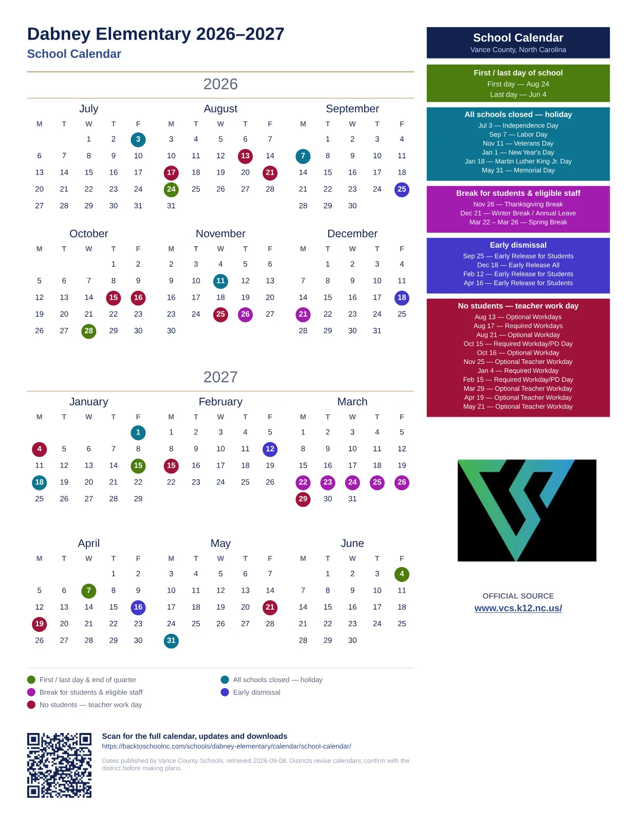 Dabney Elementary 2026–2027 printable calendar
