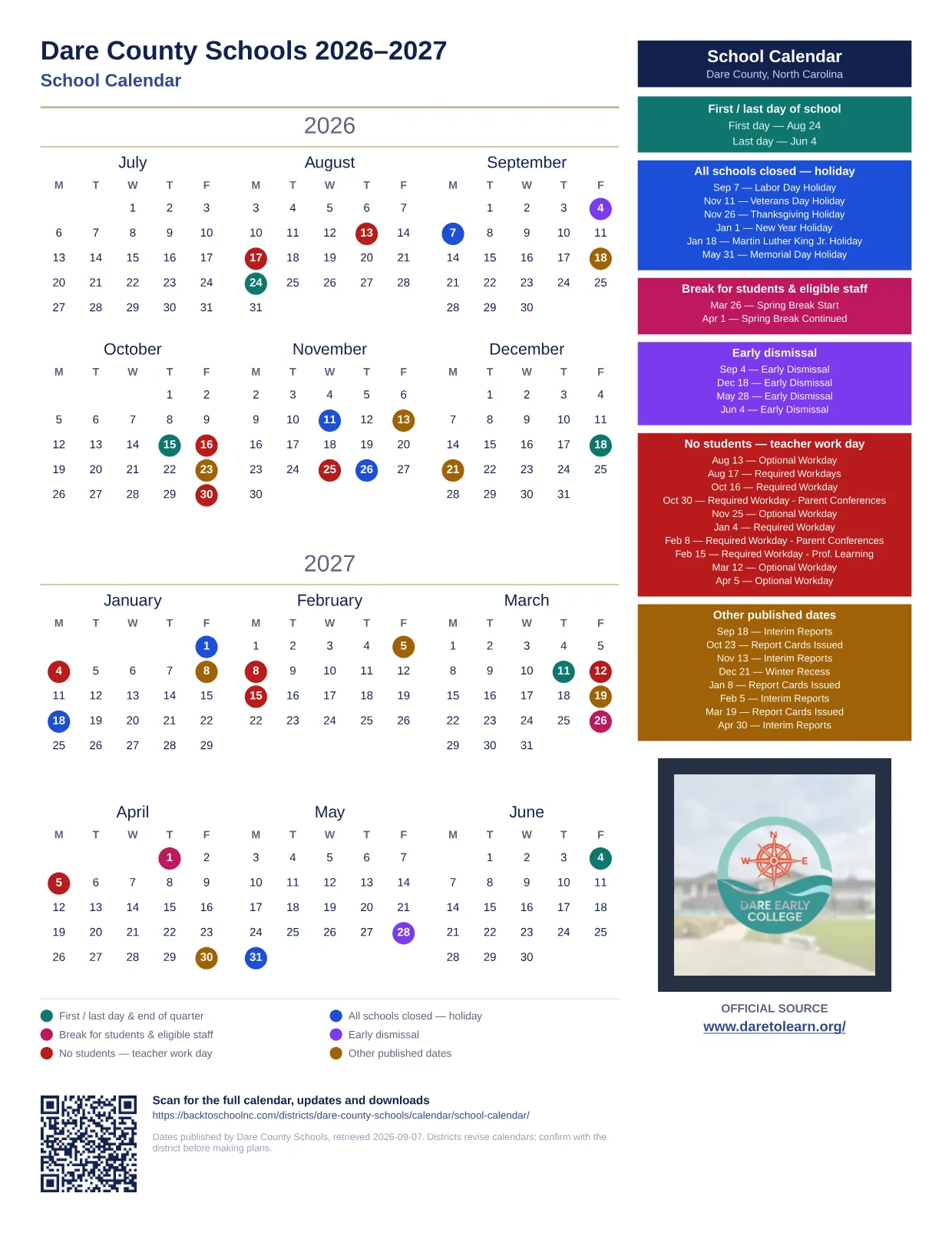 Dare County Schools School Calendar 2026–2027 printable calendar