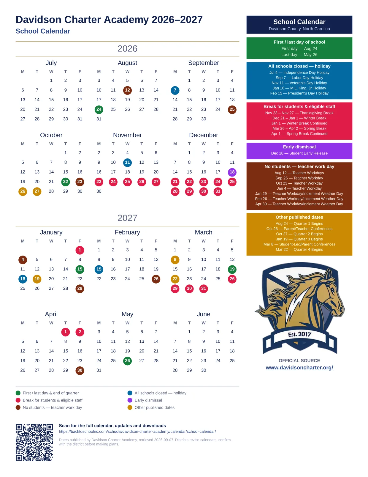 Davidson Charter Academy School Calendar 2026–2027 printable calendar