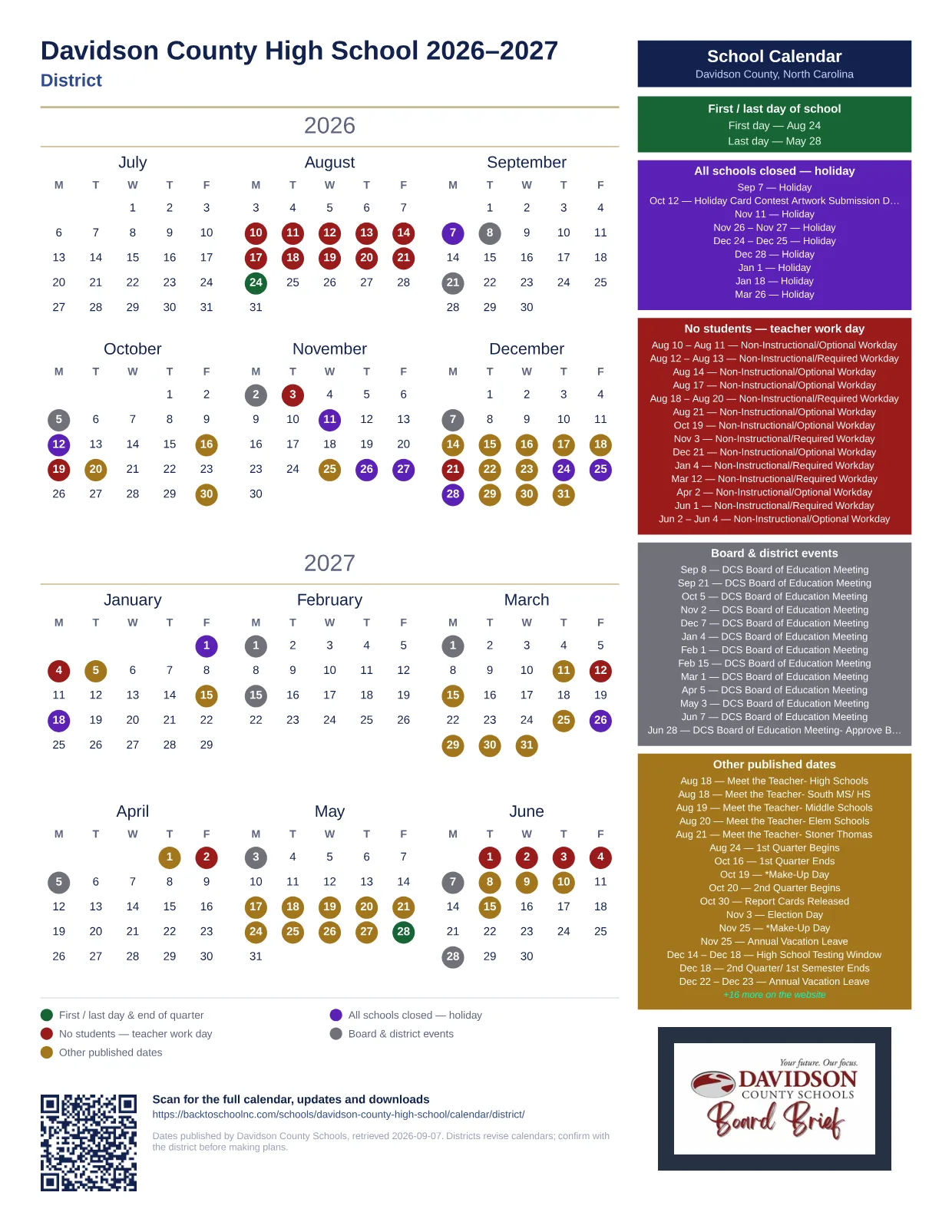 Davidson County High School 2026–2027 printable calendar