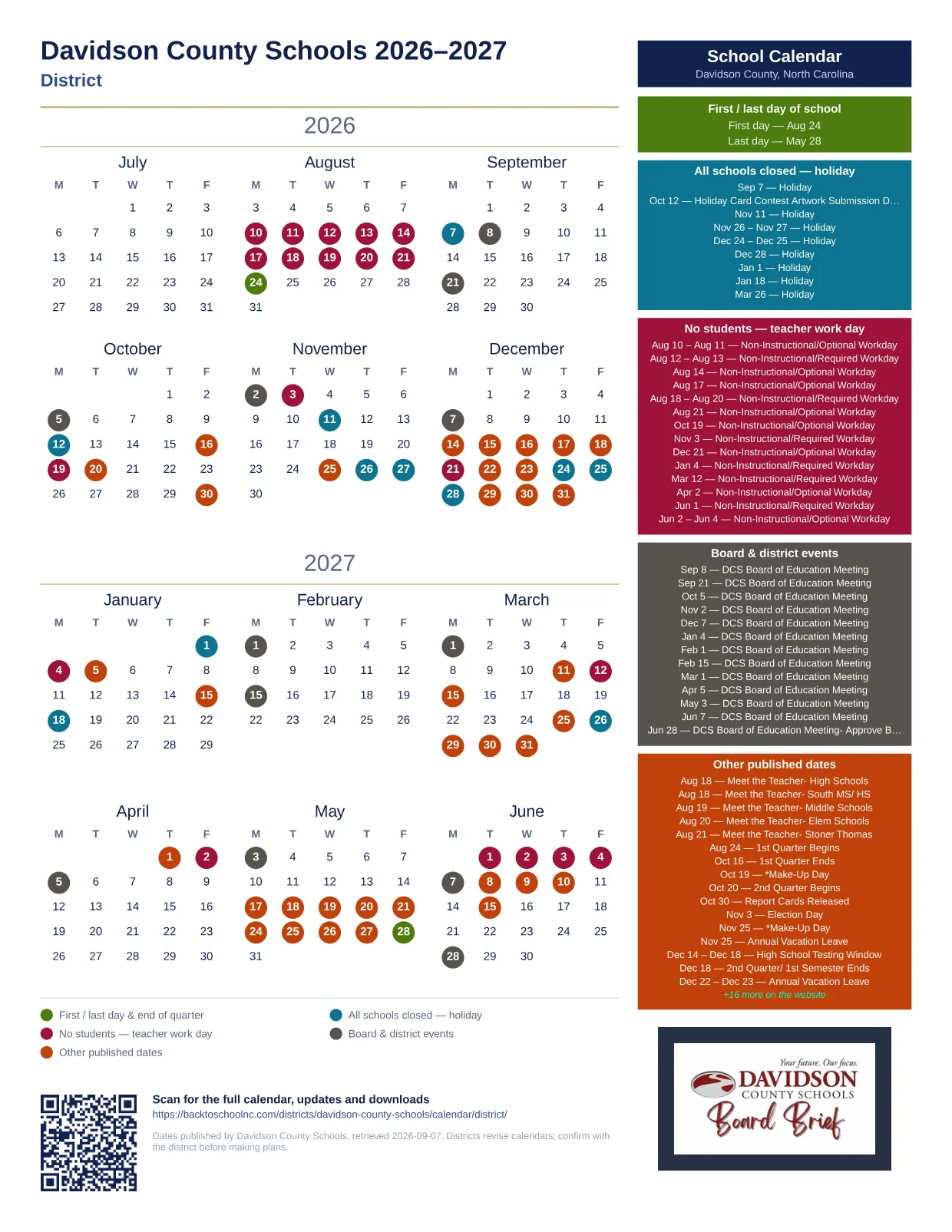 Davidson County Schools District 2026–2027 printable calendar