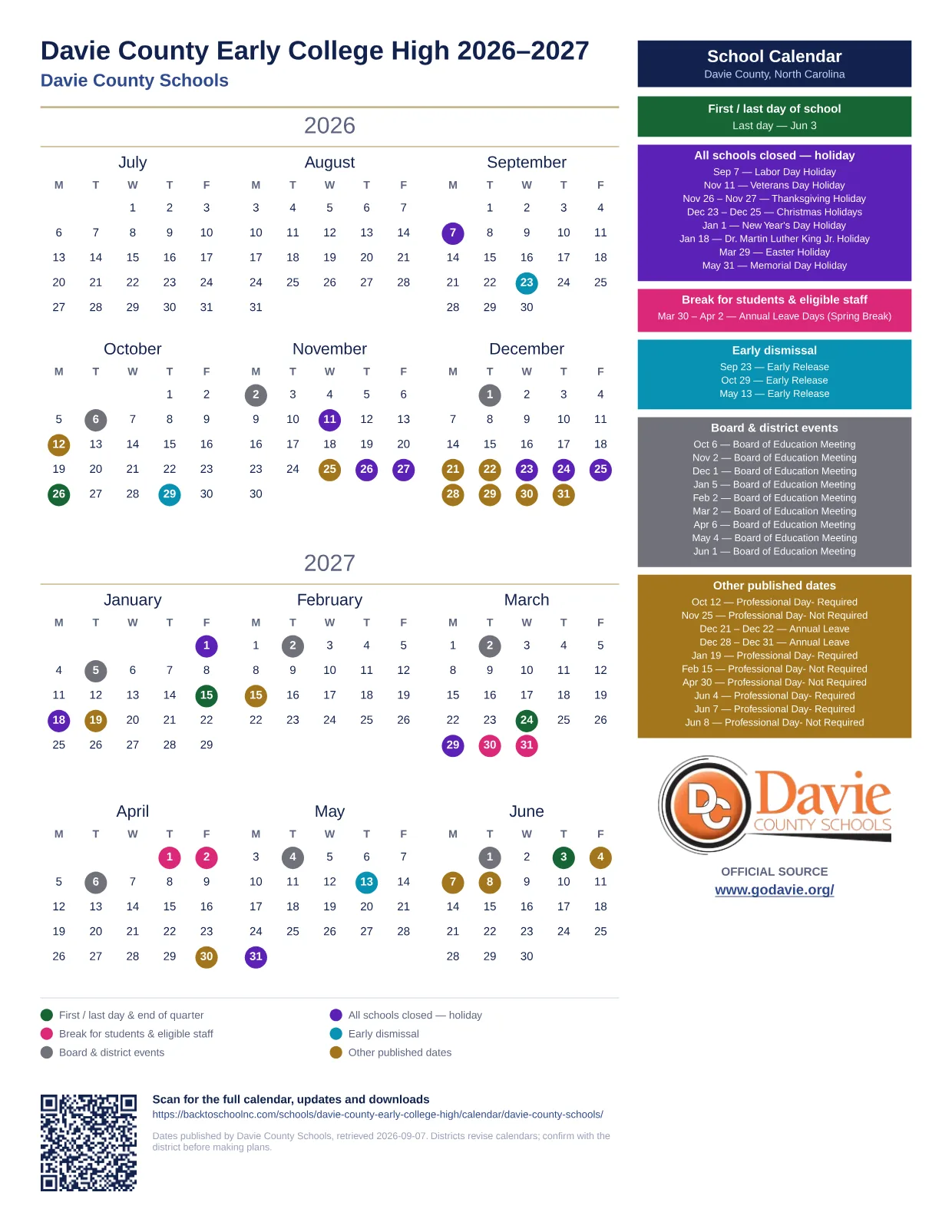 Davie County Early College High  printable calendar