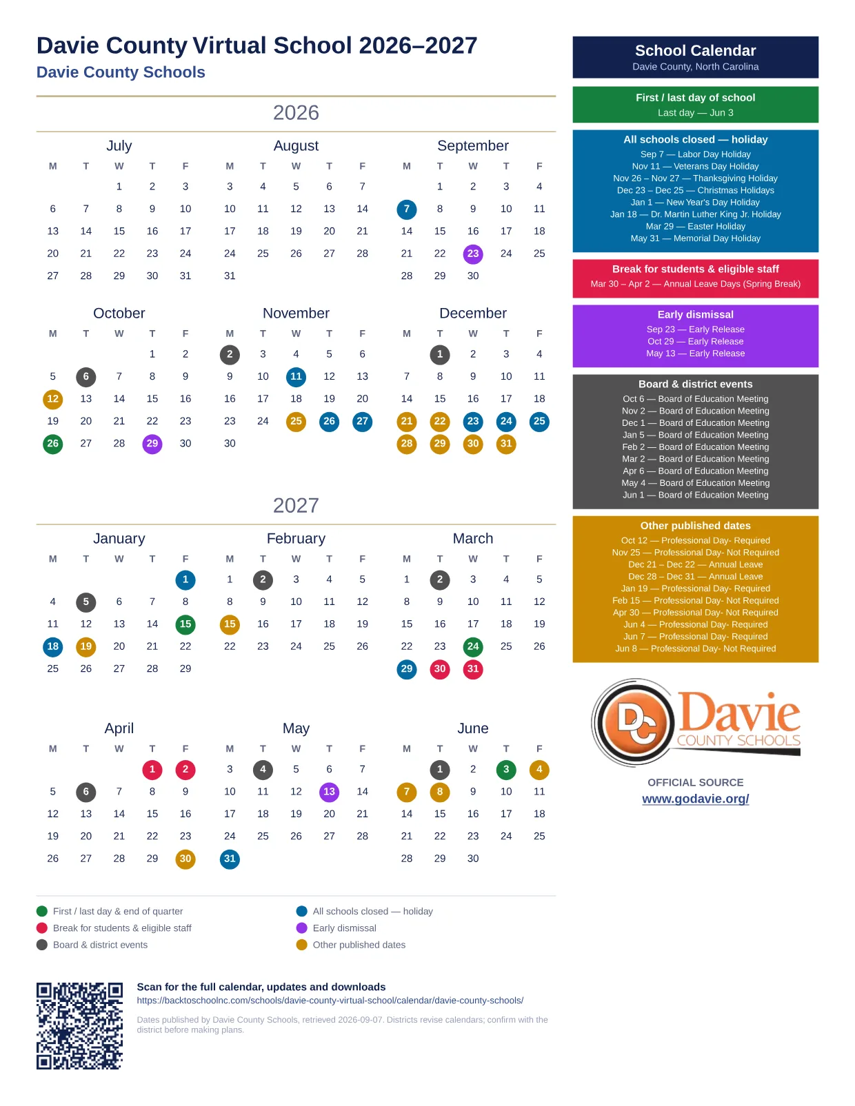 Davie County Virtual School  printable calendar