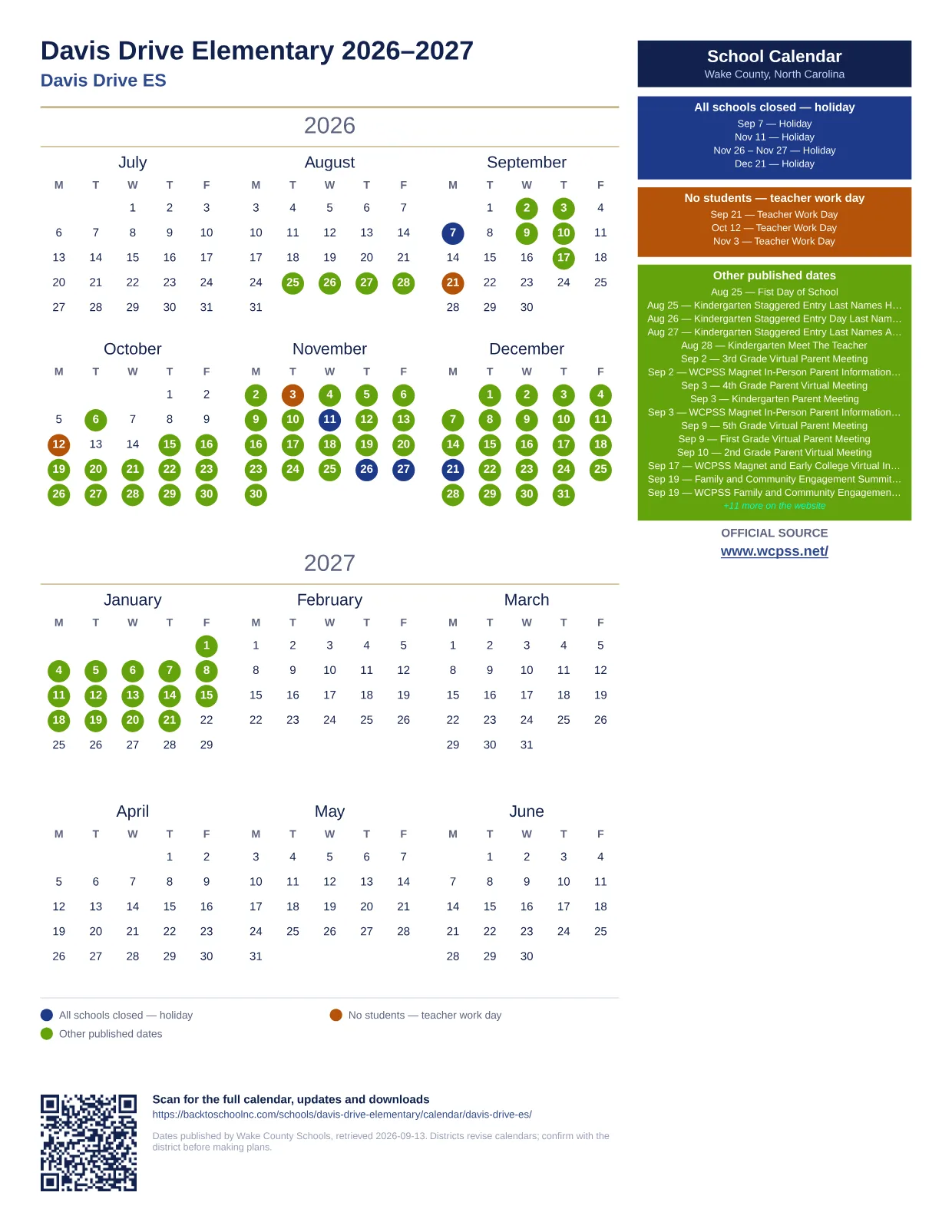 Davis Drive Elementary  printable calendar