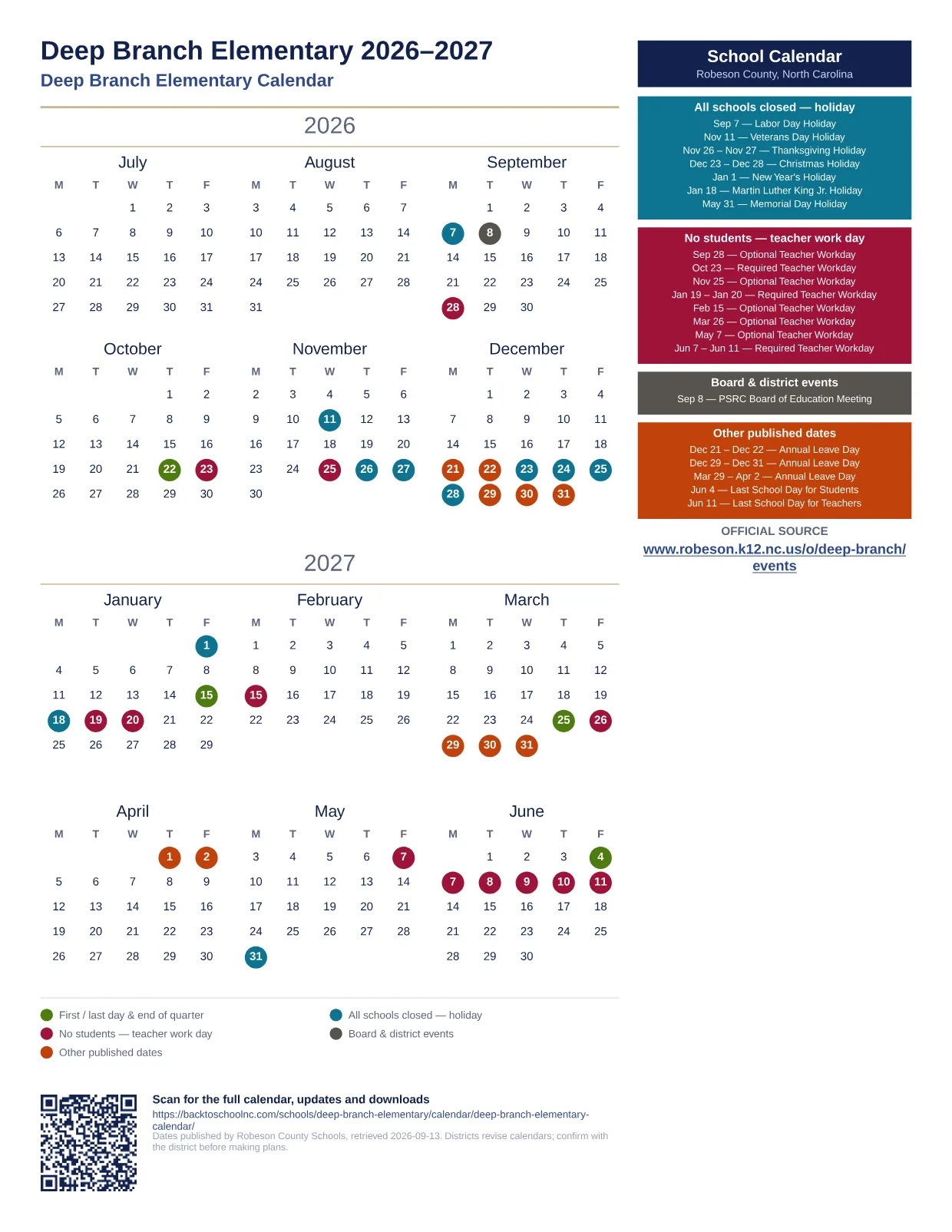 Deep Branch Elementary  printable calendar