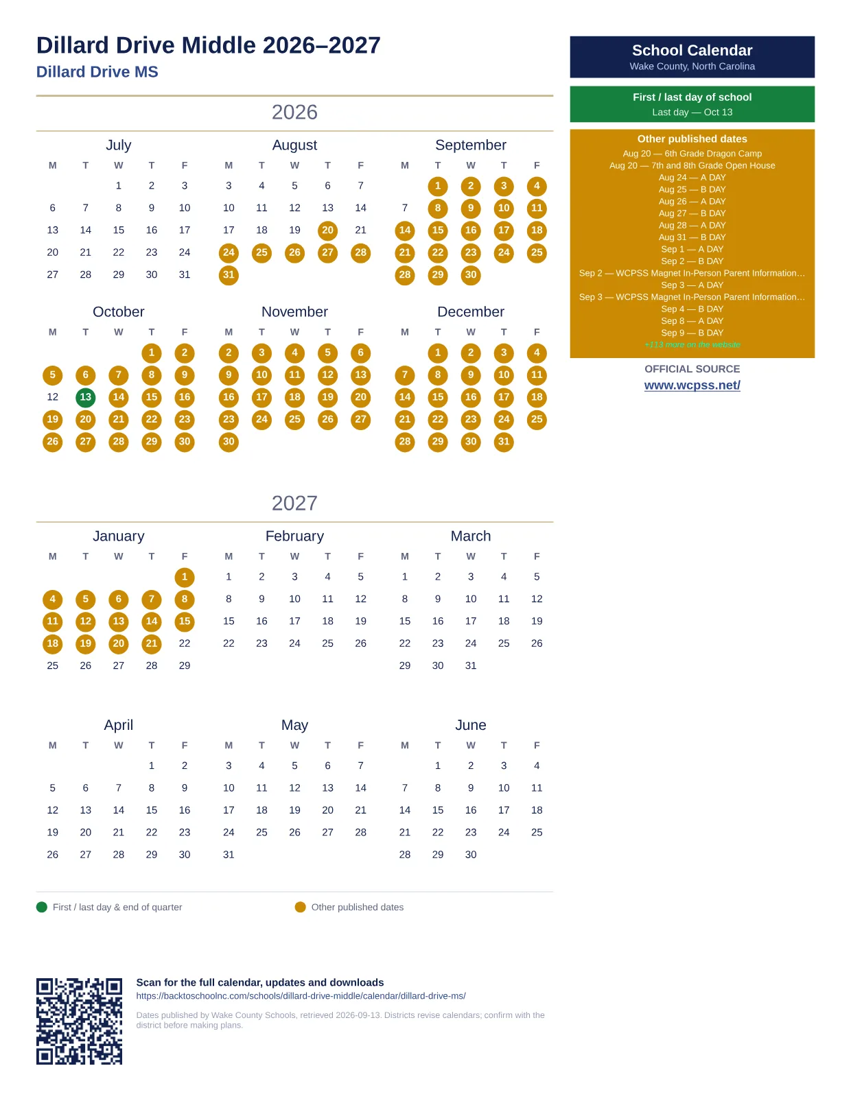 Dillard Drive Middle printable calendar