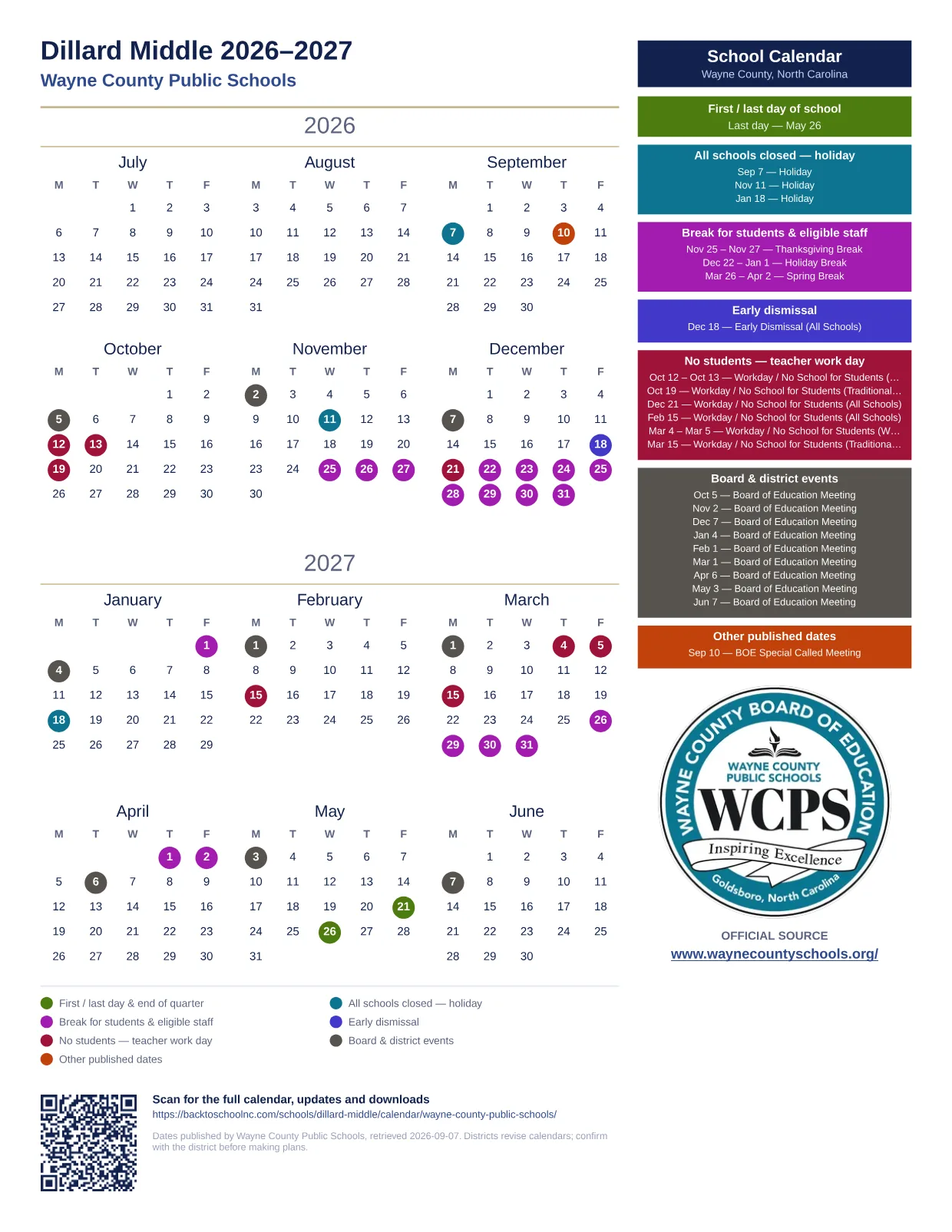 Dillard Middle printable calendar