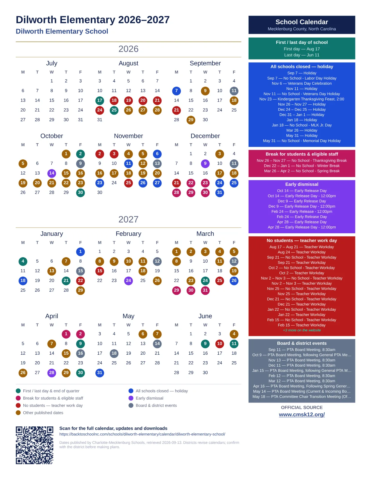 Dilworth Elementary 2026–2027 printable calendar