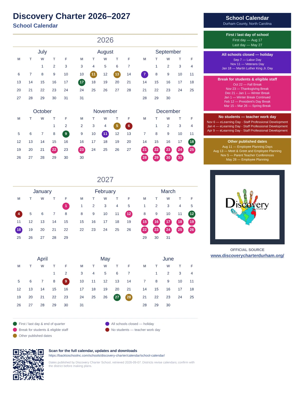 Discovery Charter 2026–2027 printable calendar