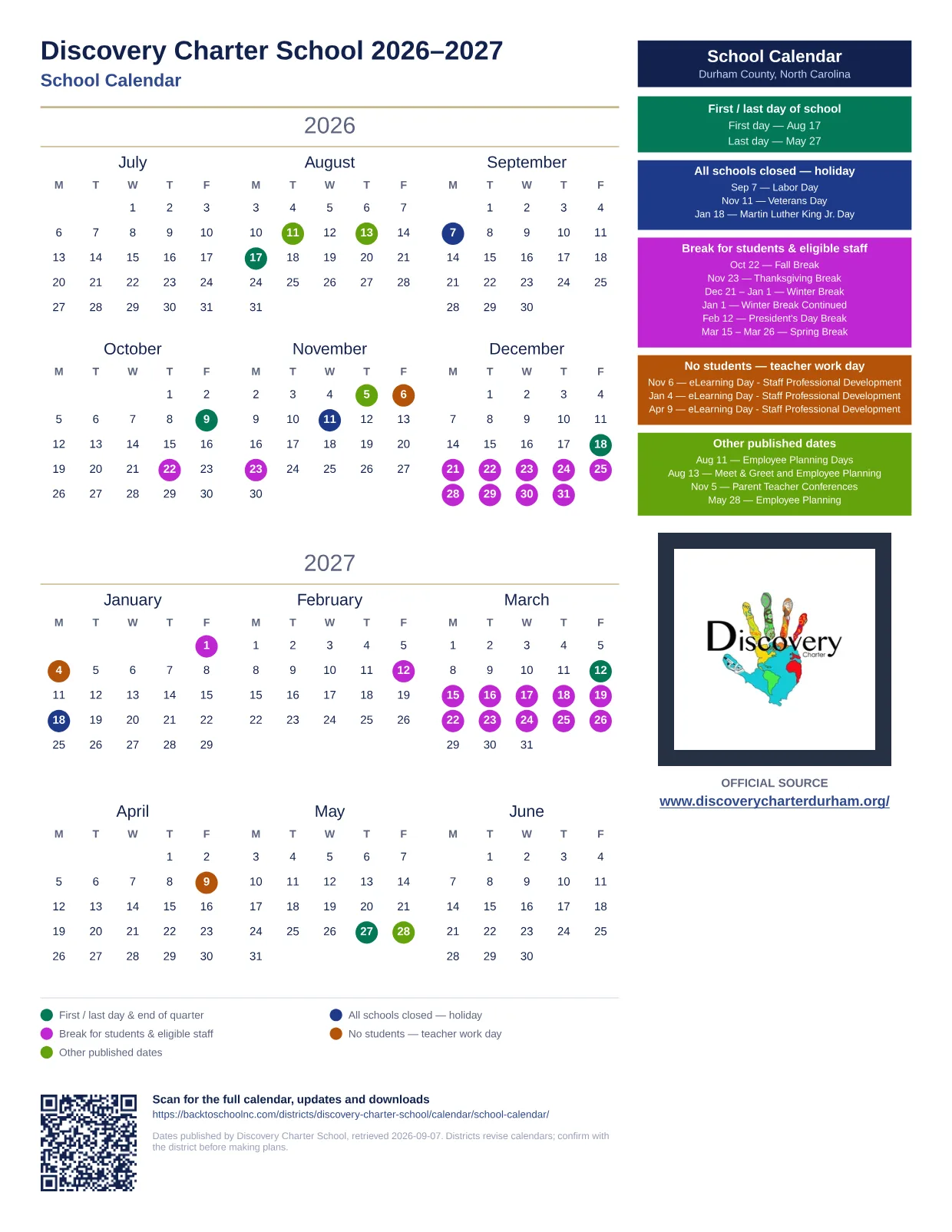 Discovery Charter School School Calendar 2026–2027 printable calendar