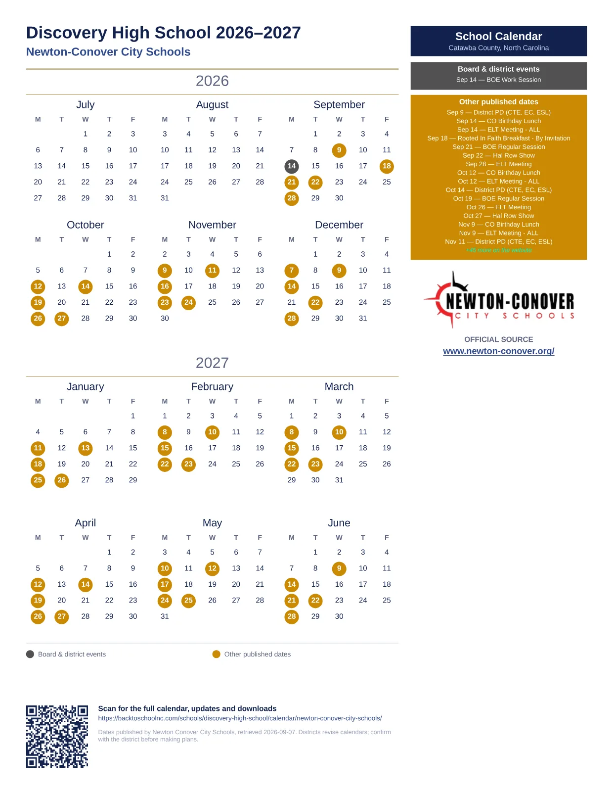 Discovery High School printable calendar
