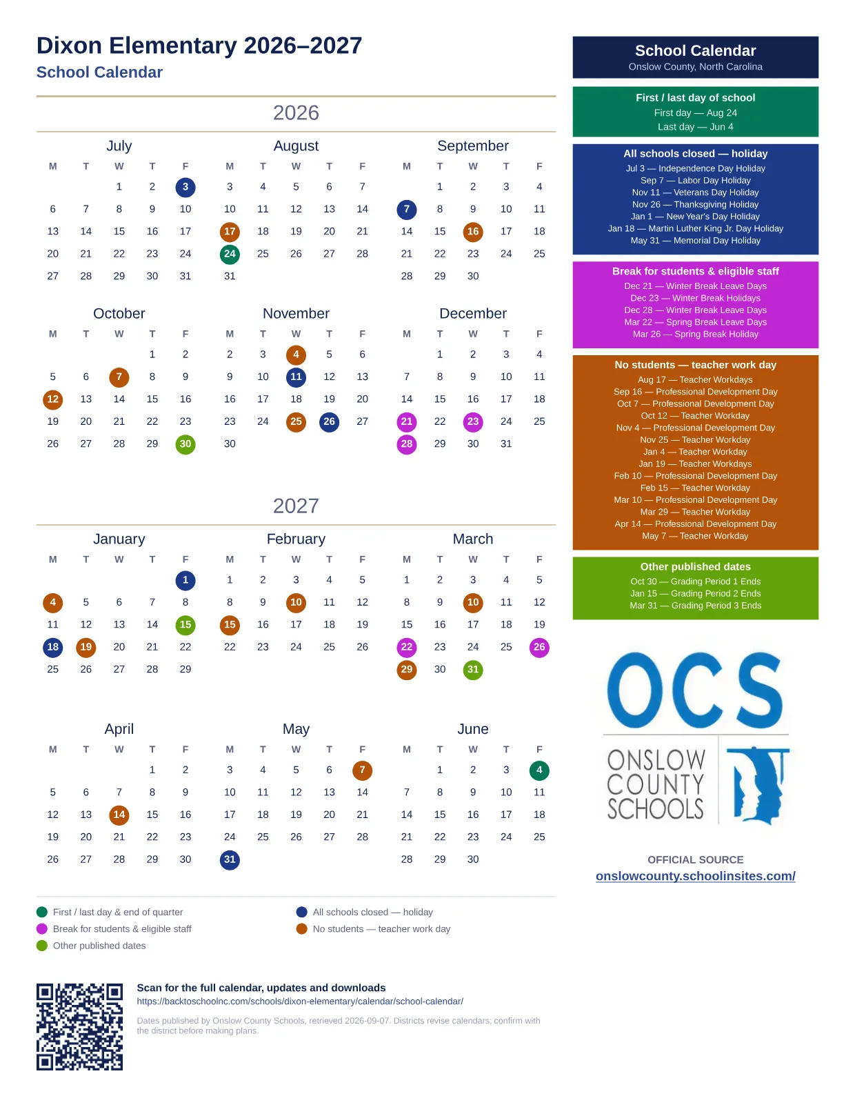 Dixon Elementary 2026–2027 printable calendar