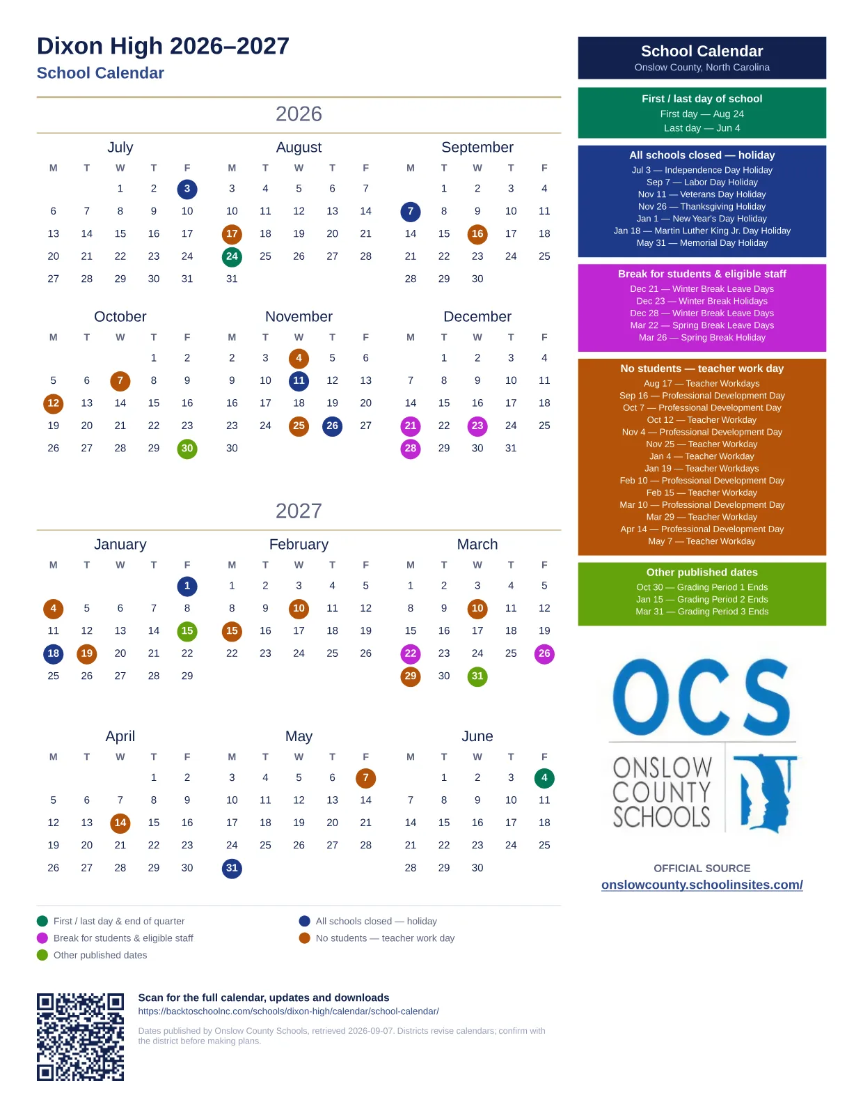 Dixon High 2026–2027 printable calendar