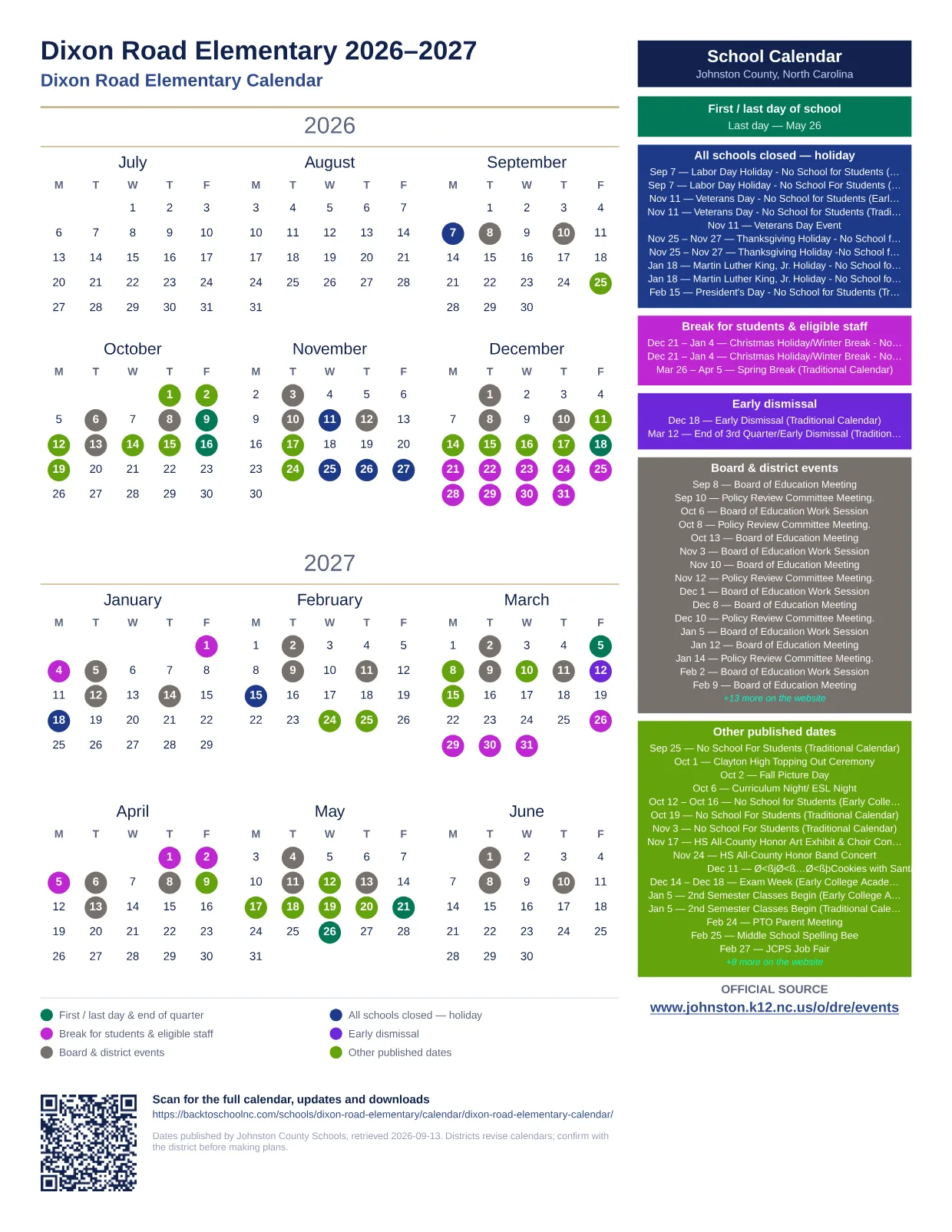 Dixon Road Elementary  printable calendar