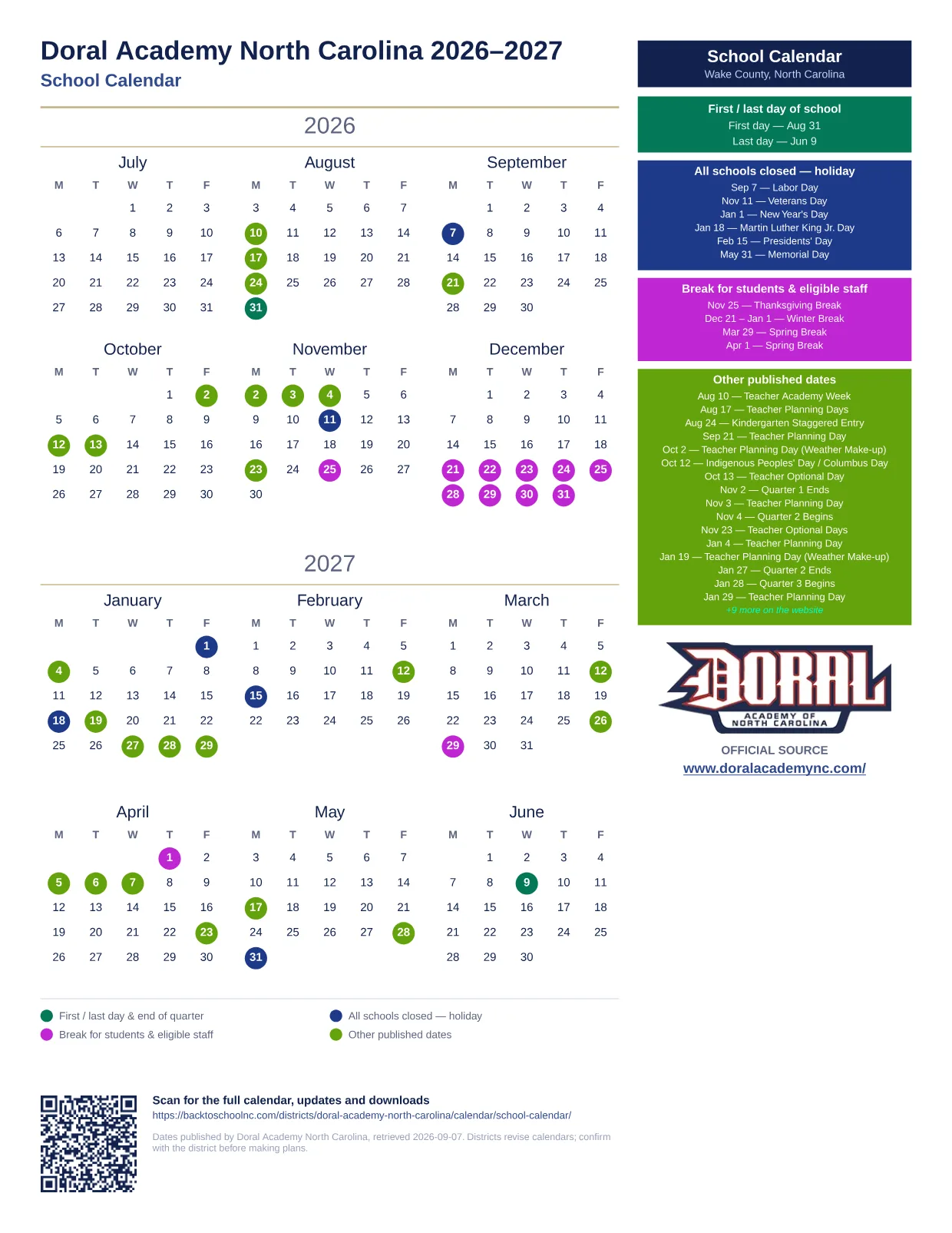 Doral Academy North Carolina School Calendar 2026–2027 printable calendar