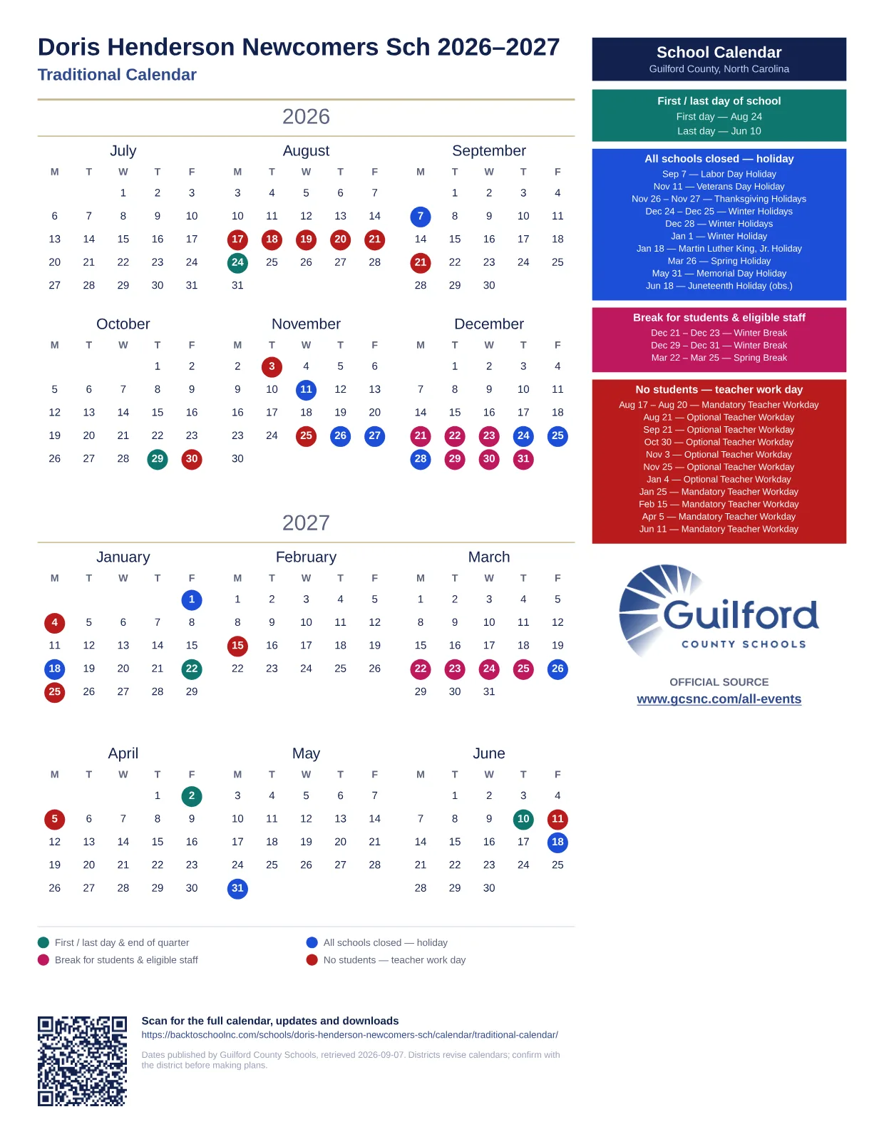 Doris Henderson Newcomers Sch 2026–2027 printable calendar