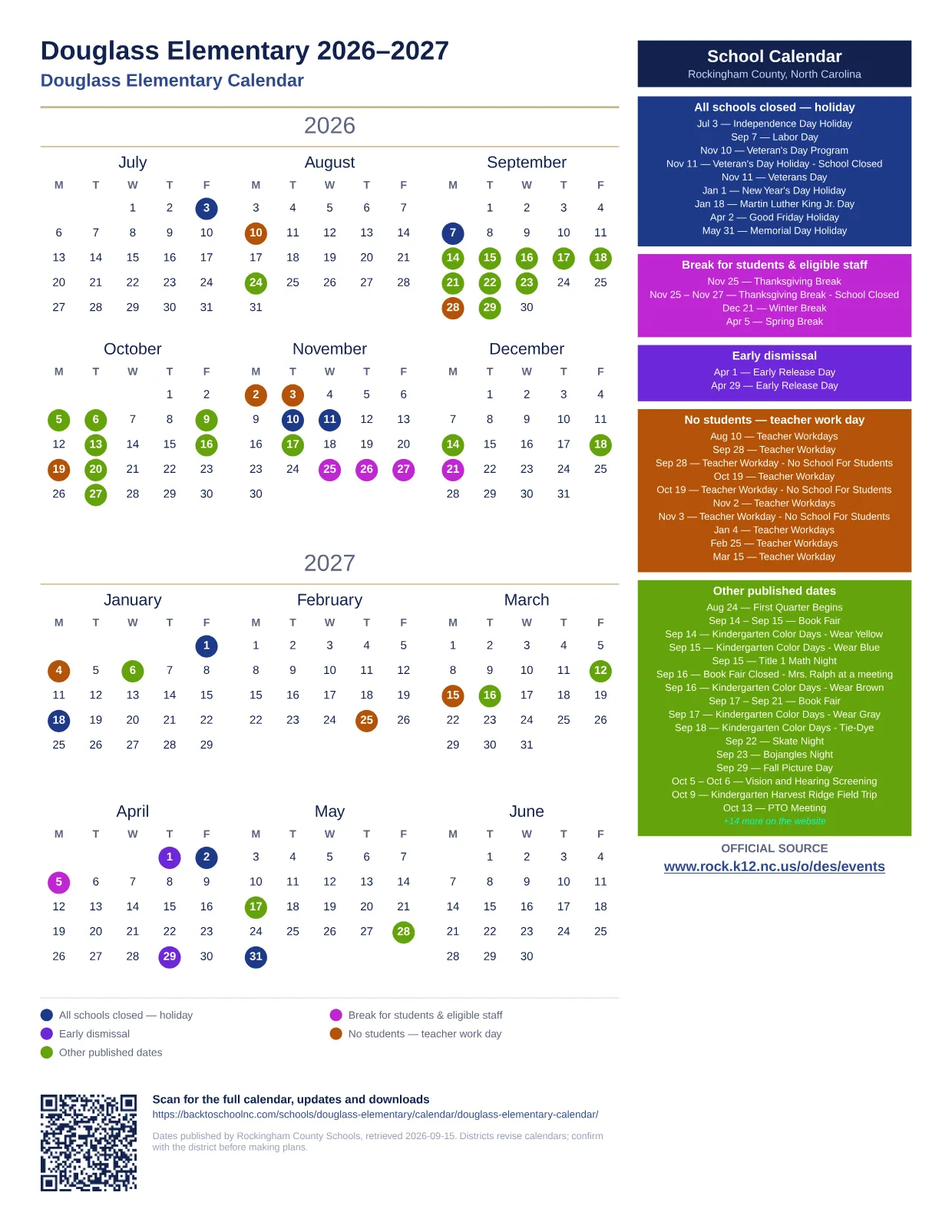 Douglass Elementary printable calendar