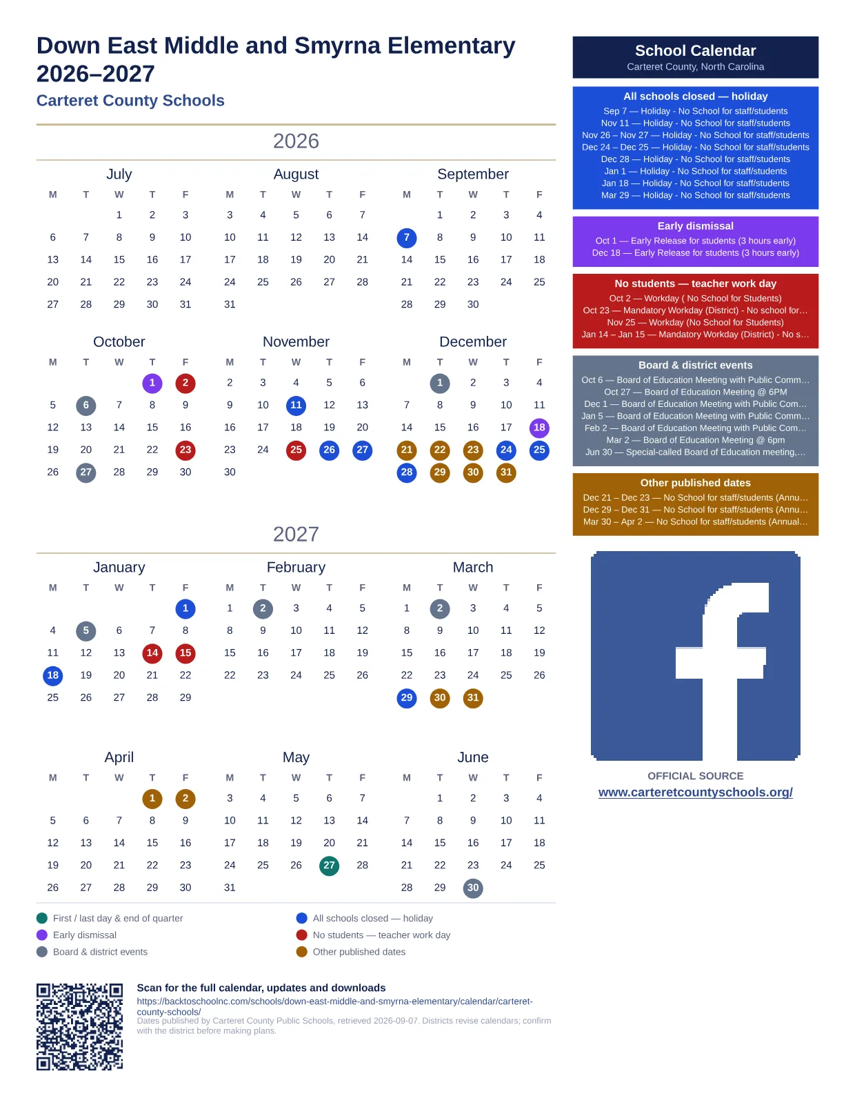 Down East Middle and Smyrna Elementary  printable calendar