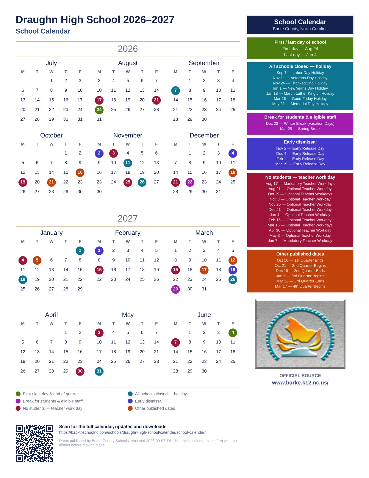 Draughn High School 2026–2027 printable calendar