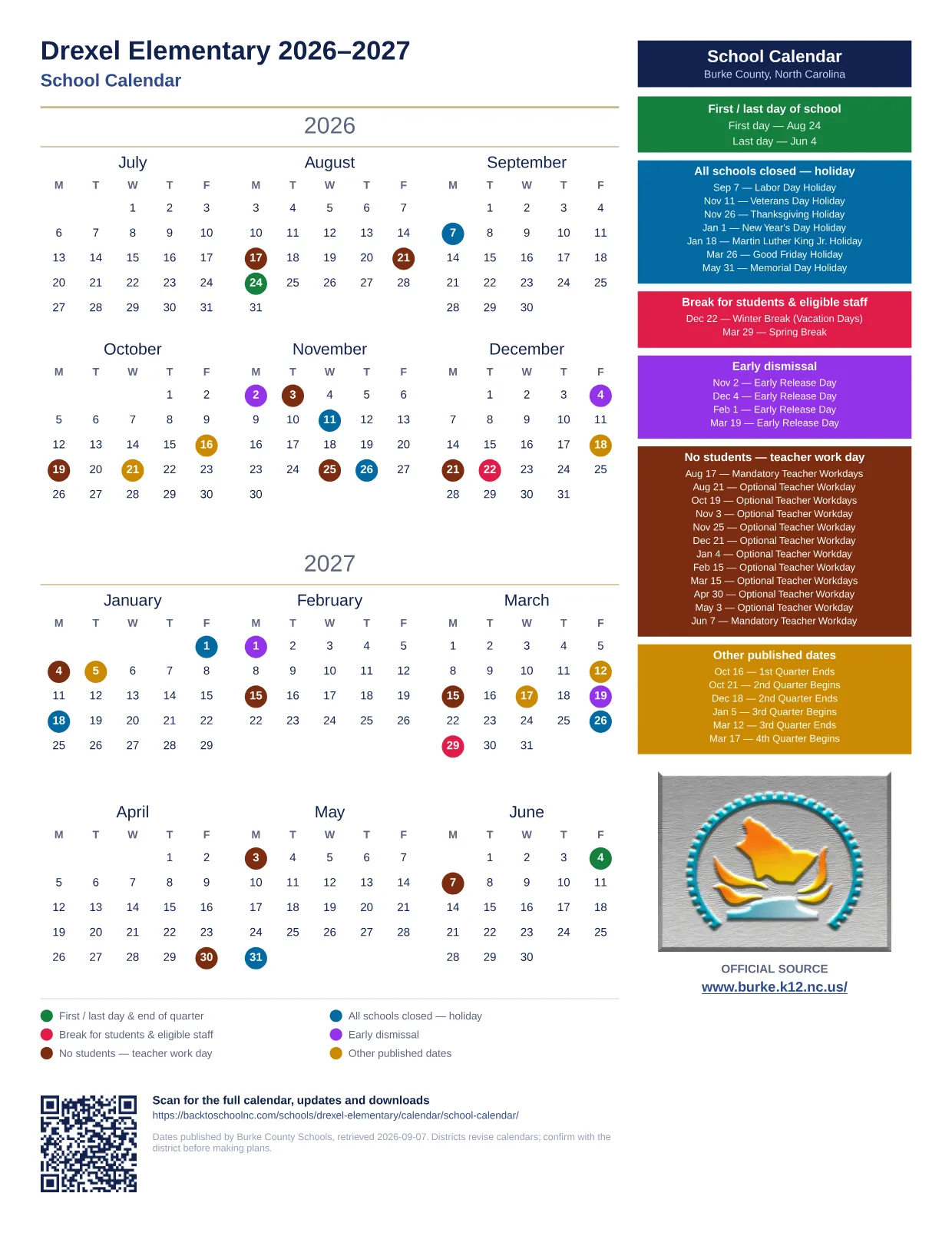 Drexel Elementary 2026–2027 printable calendar