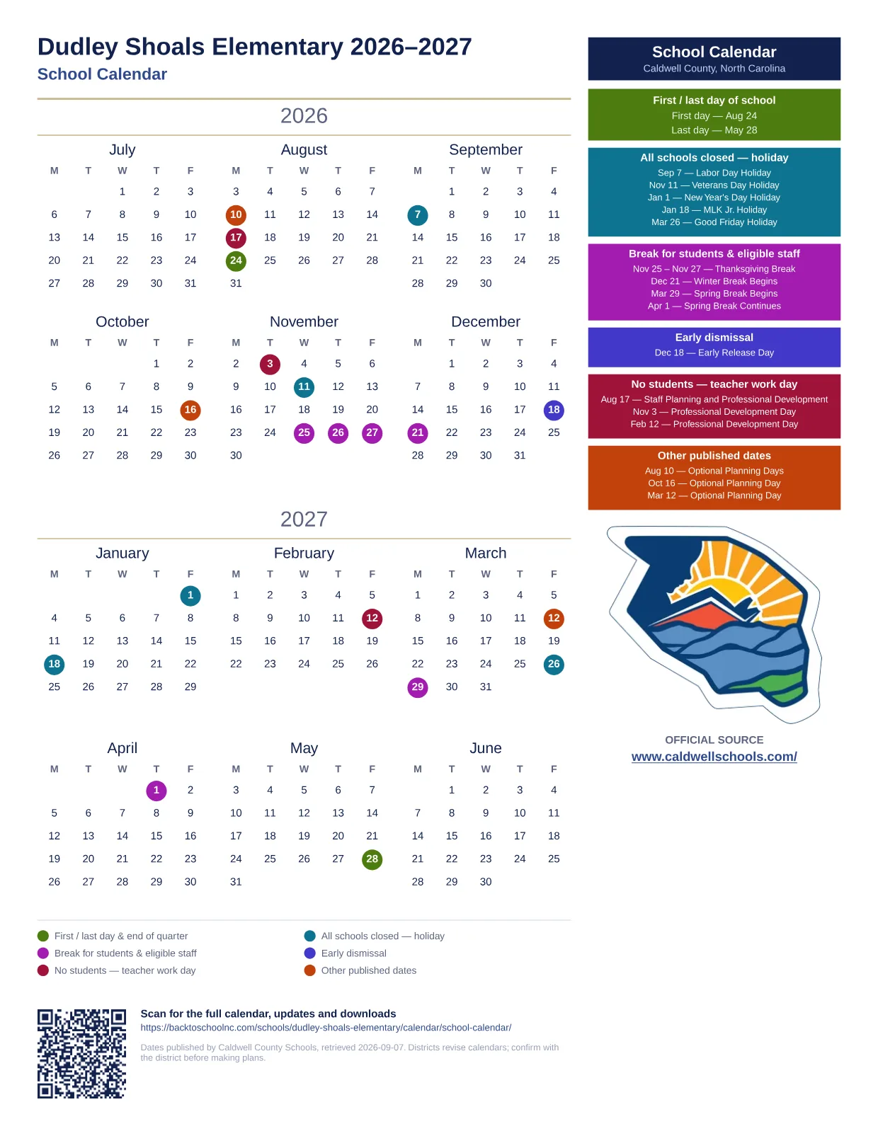 Dudley Shoals Elementary 2026–2027 printable calendar