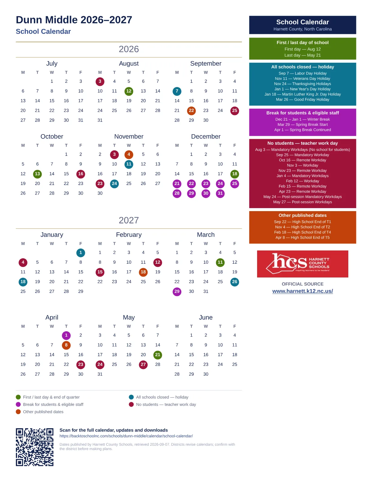 Dunn Middle 2026–2027 printable calendar