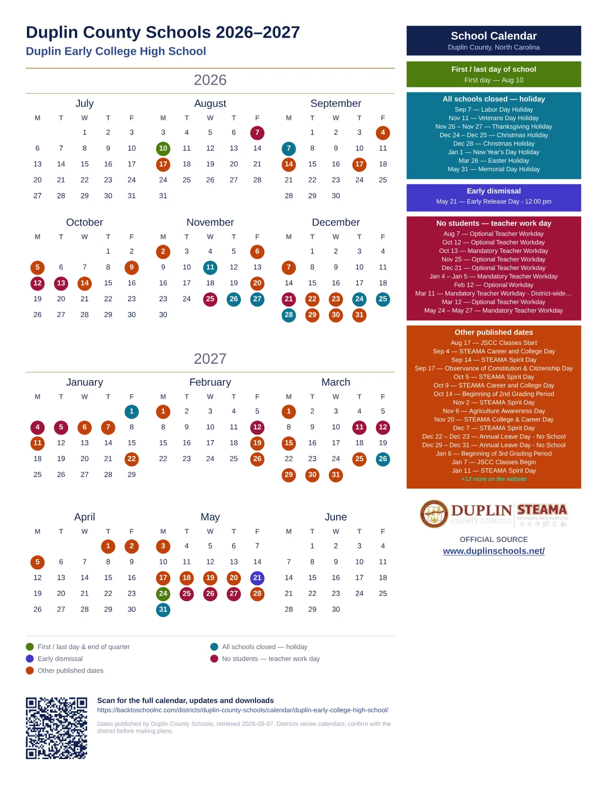 Duplin County Schools Duplin Early College High School 2026–2027 printable calendar