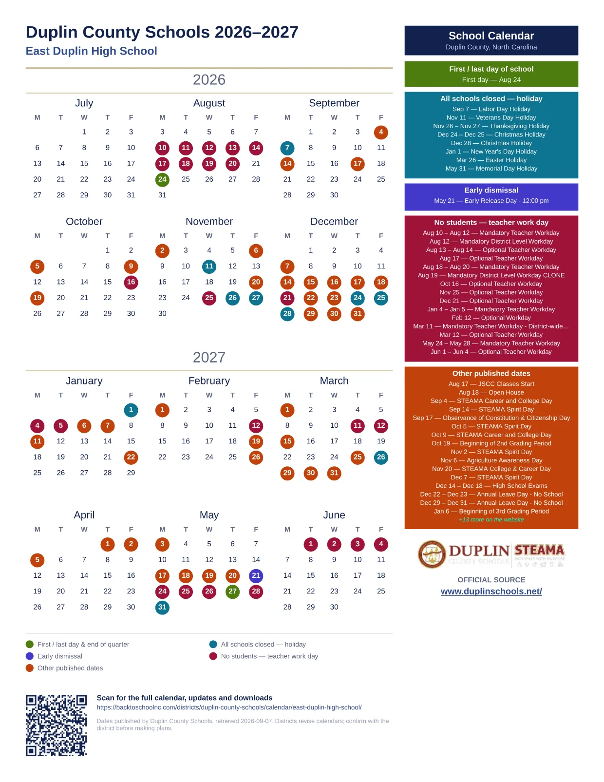 Duplin County Schools East Duplin High School 2026–2027 printable calendar