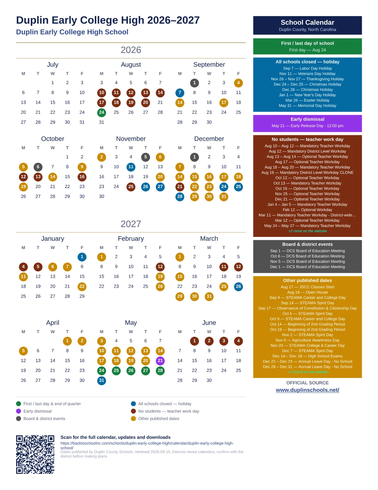 Duplin Early College High 2026–2027 printable calendar