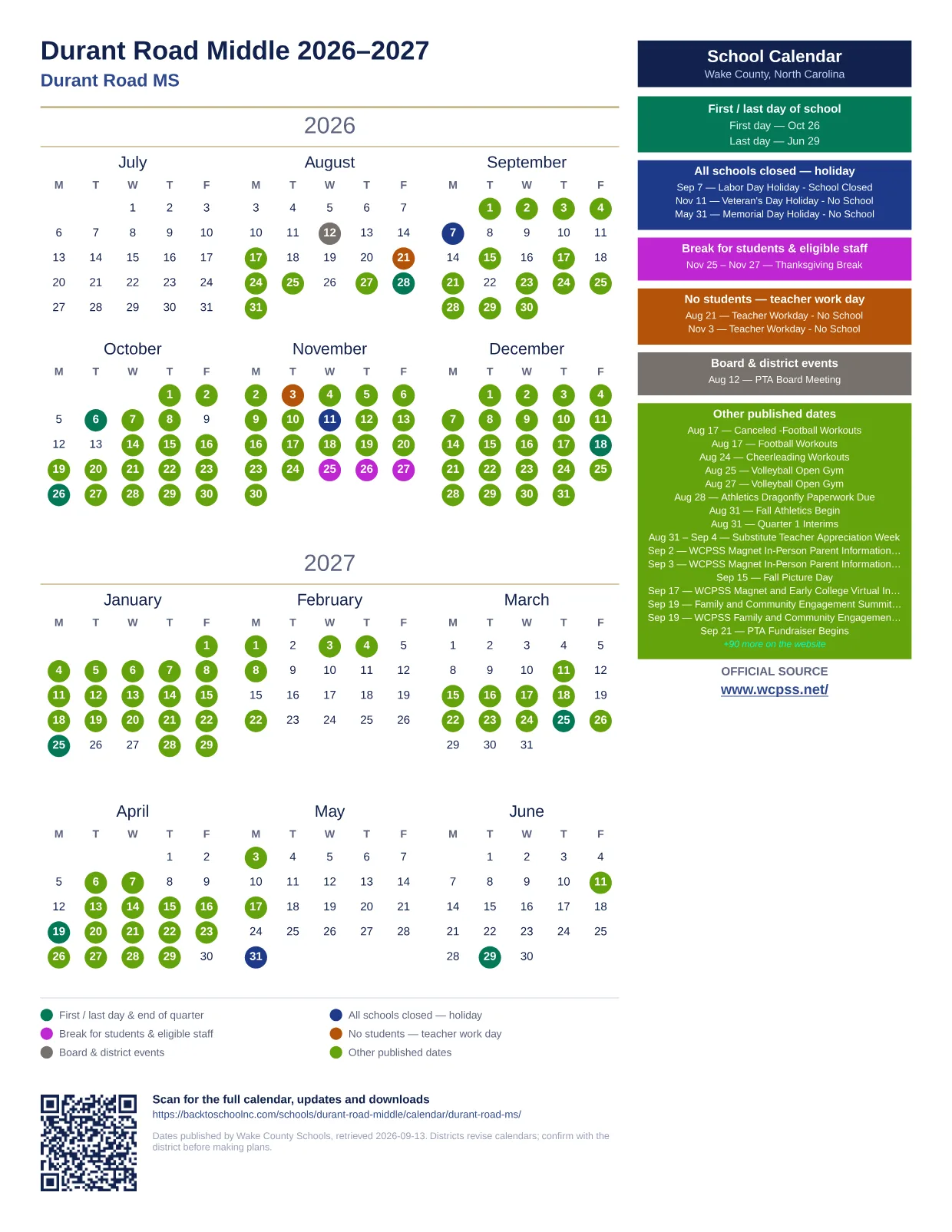 Durant Road Middle 2026–2027 printable calendar