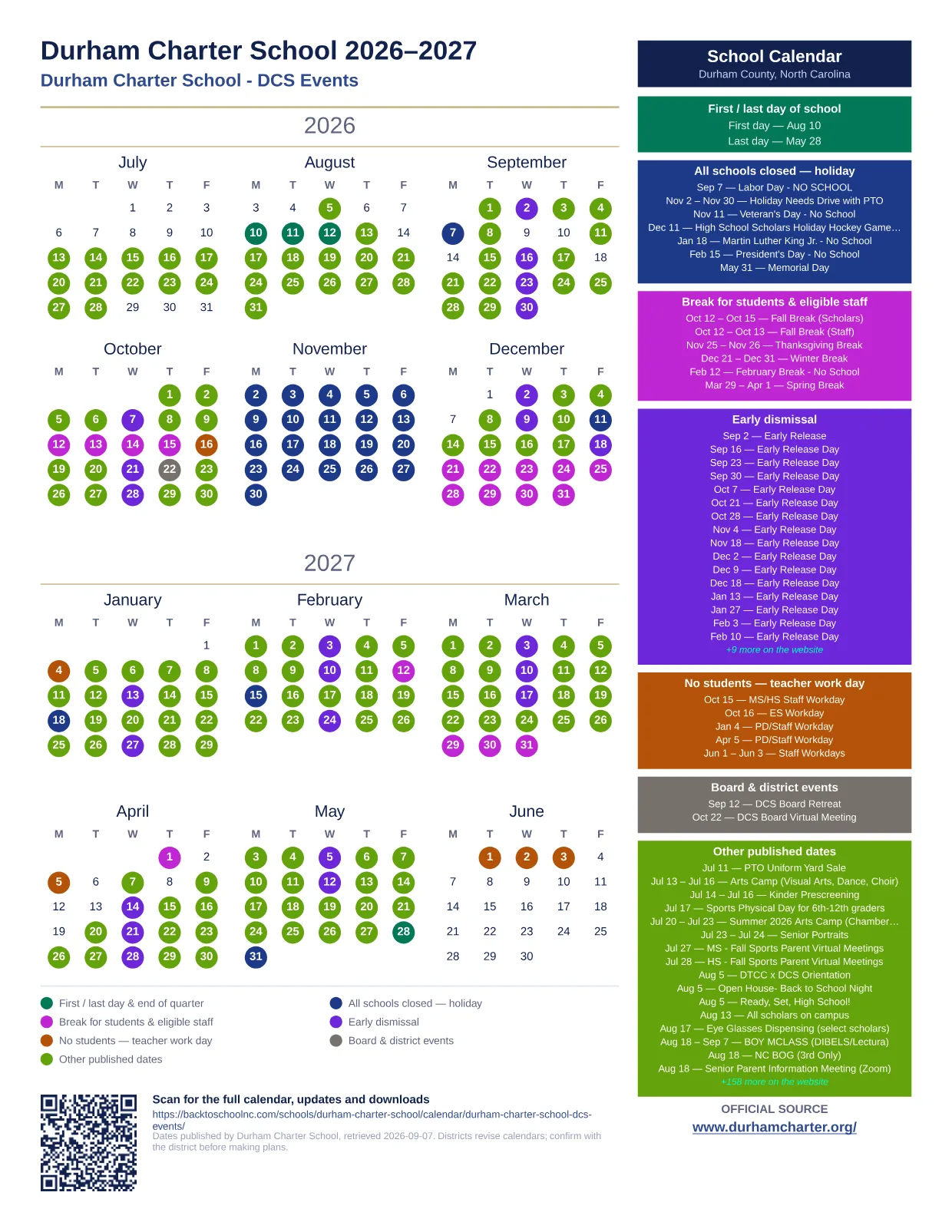 Durham Charter School Durham Charter School - DCS Events 2026–2027 printable calendar