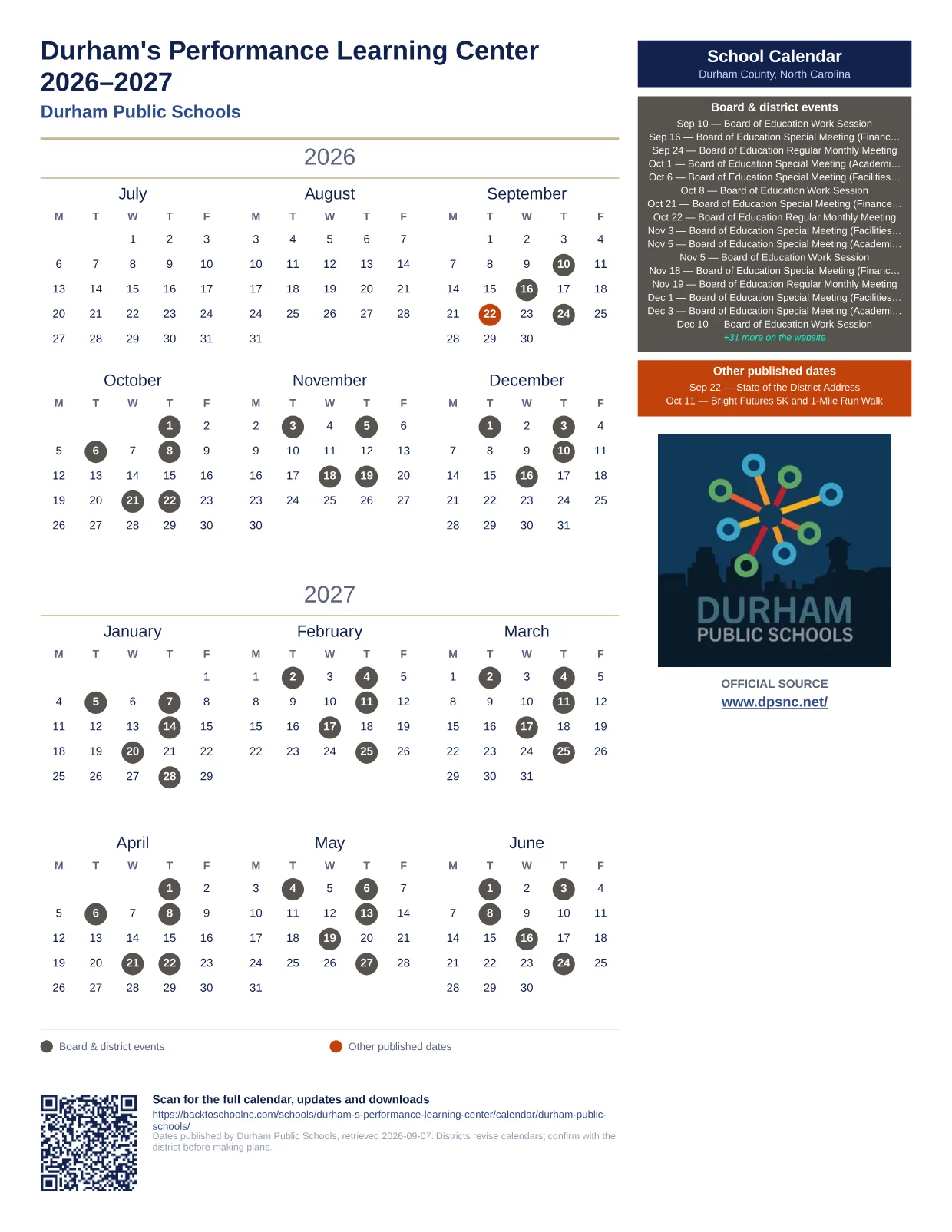 Durham's Performance Learning Center  printable calendar