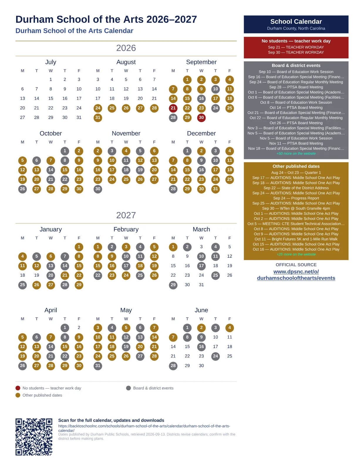 Durham School of the Arts  printable calendar