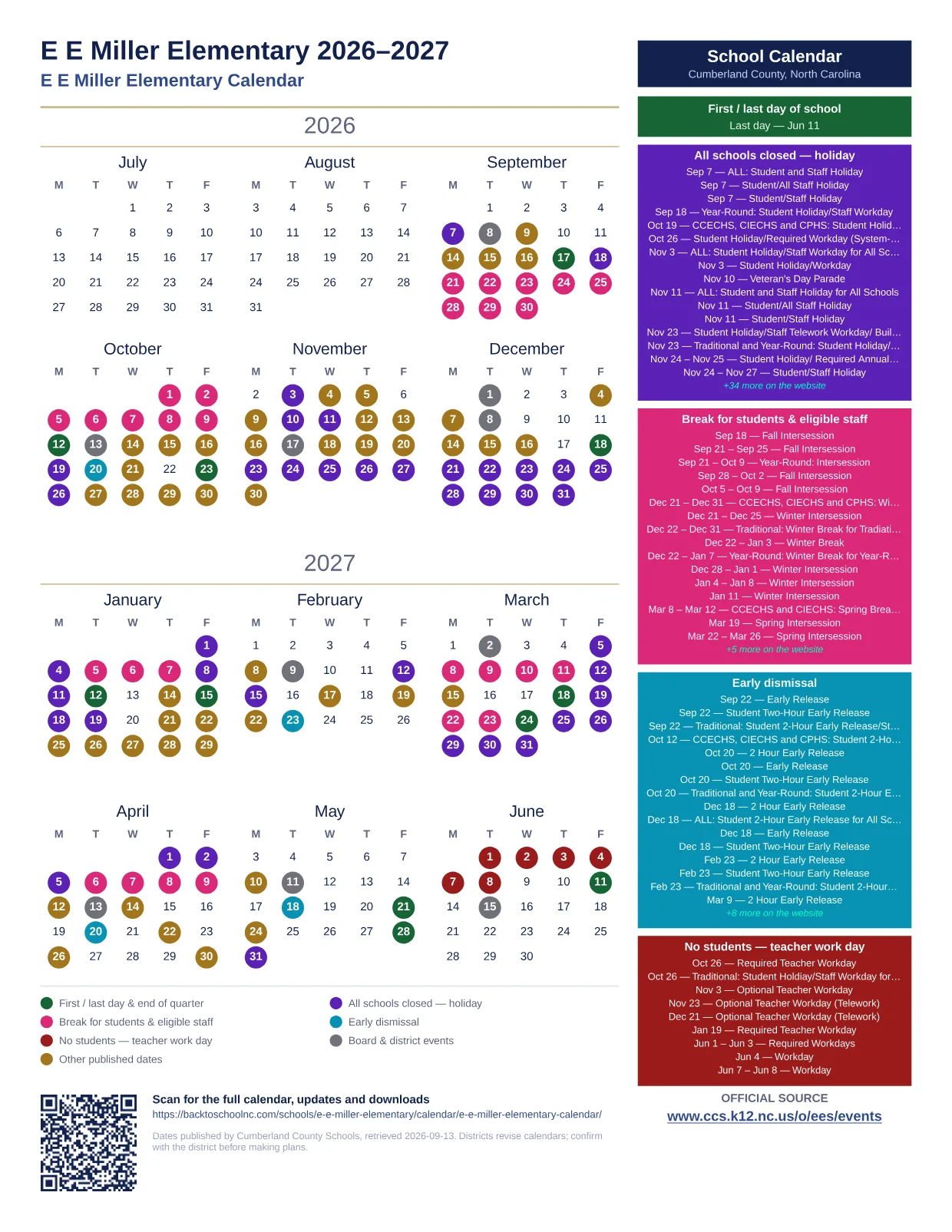 E E Miller Elementary  printable calendar