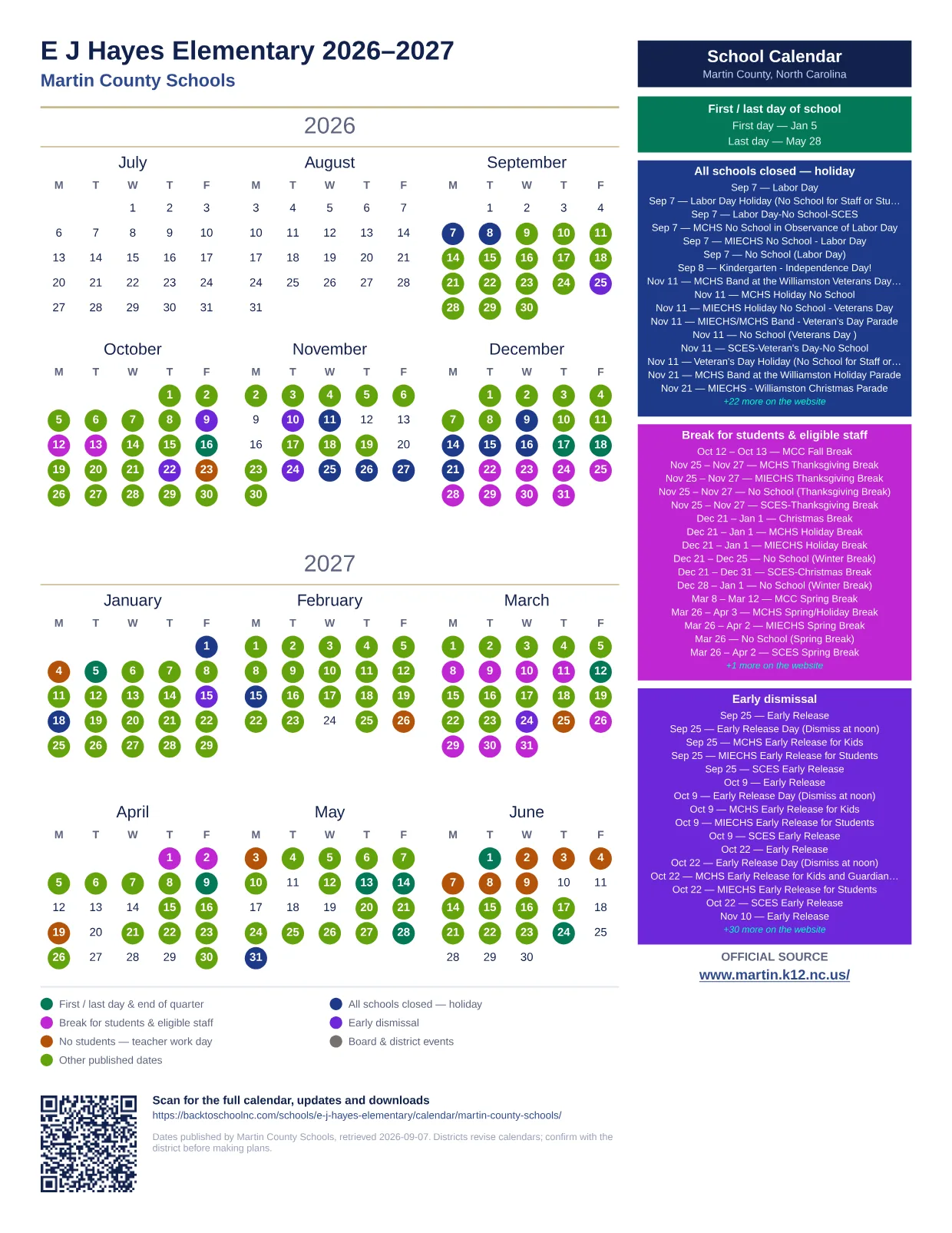 E J Hayes Elementary 2027–2028 printable calendar
