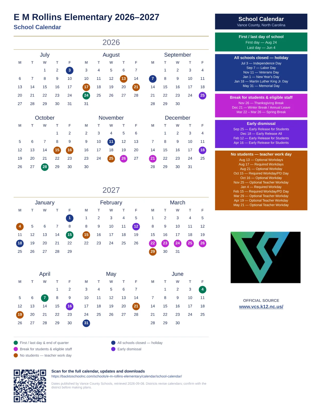 E M Rollins Elementary 2026–2027 printable calendar