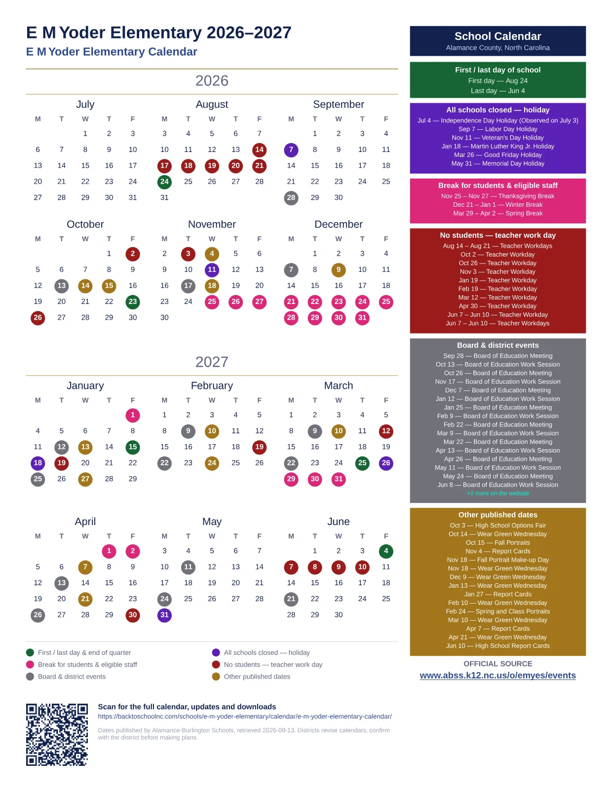 E M Yoder Elementary 2026–2027 printable calendar