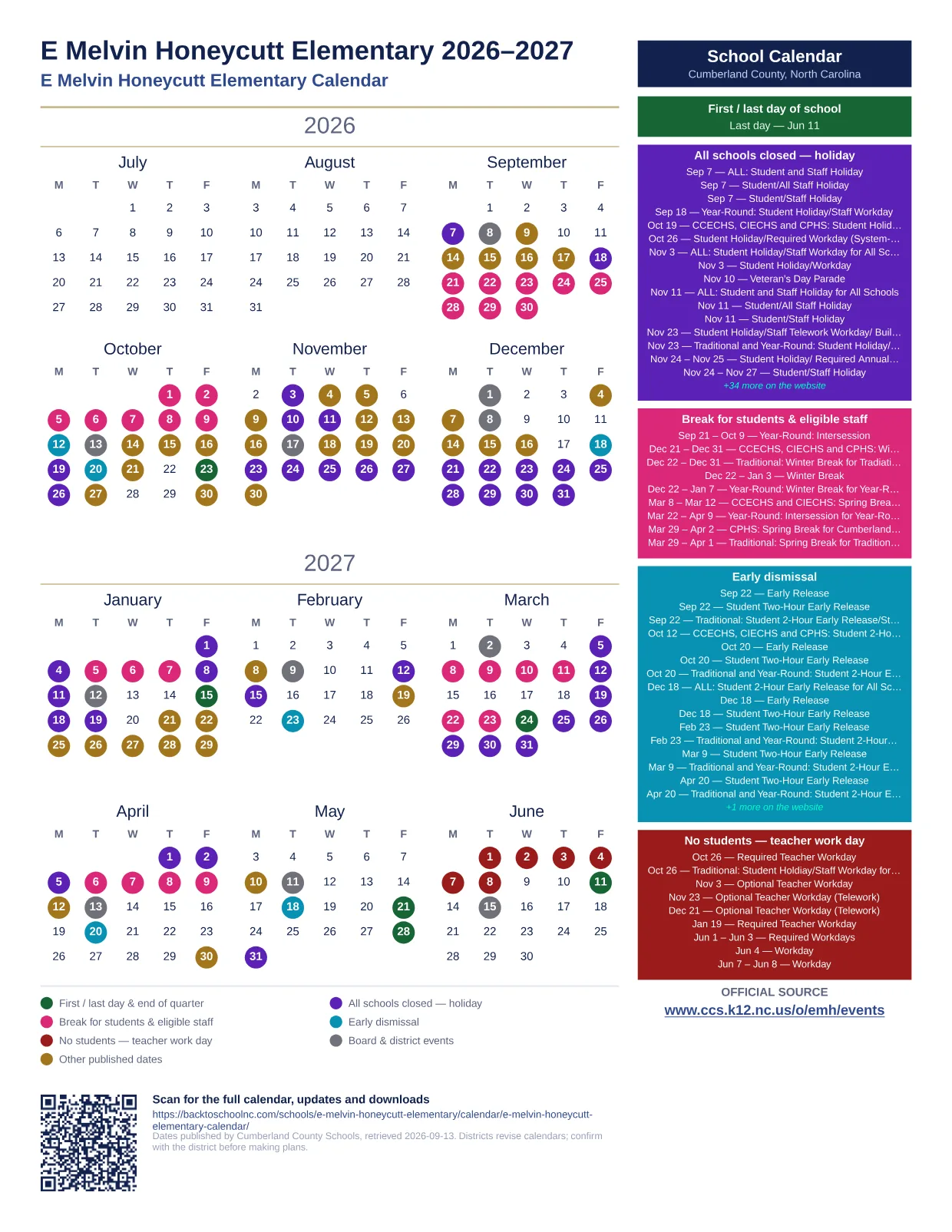 E Melvin Honeycutt Elementary  printable calendar