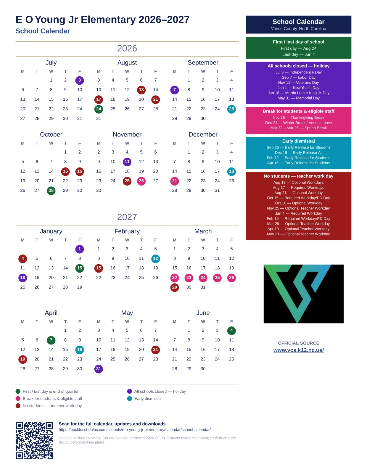 E O Young Jr Elementary 2026–2027 printable calendar