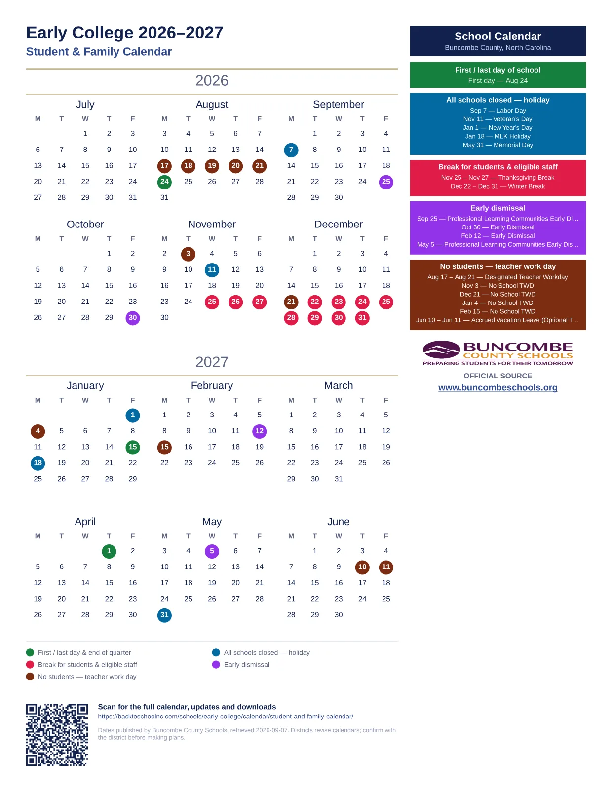 Early College  printable calendar