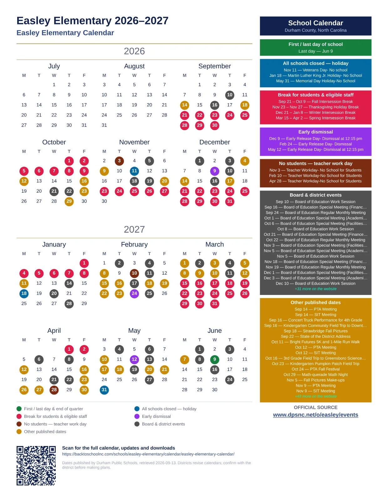 Easley Elementary  printable calendar