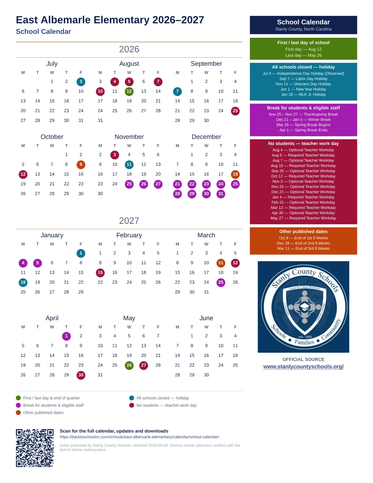 East Albemarle Elementary 2026–2027 printable calendar