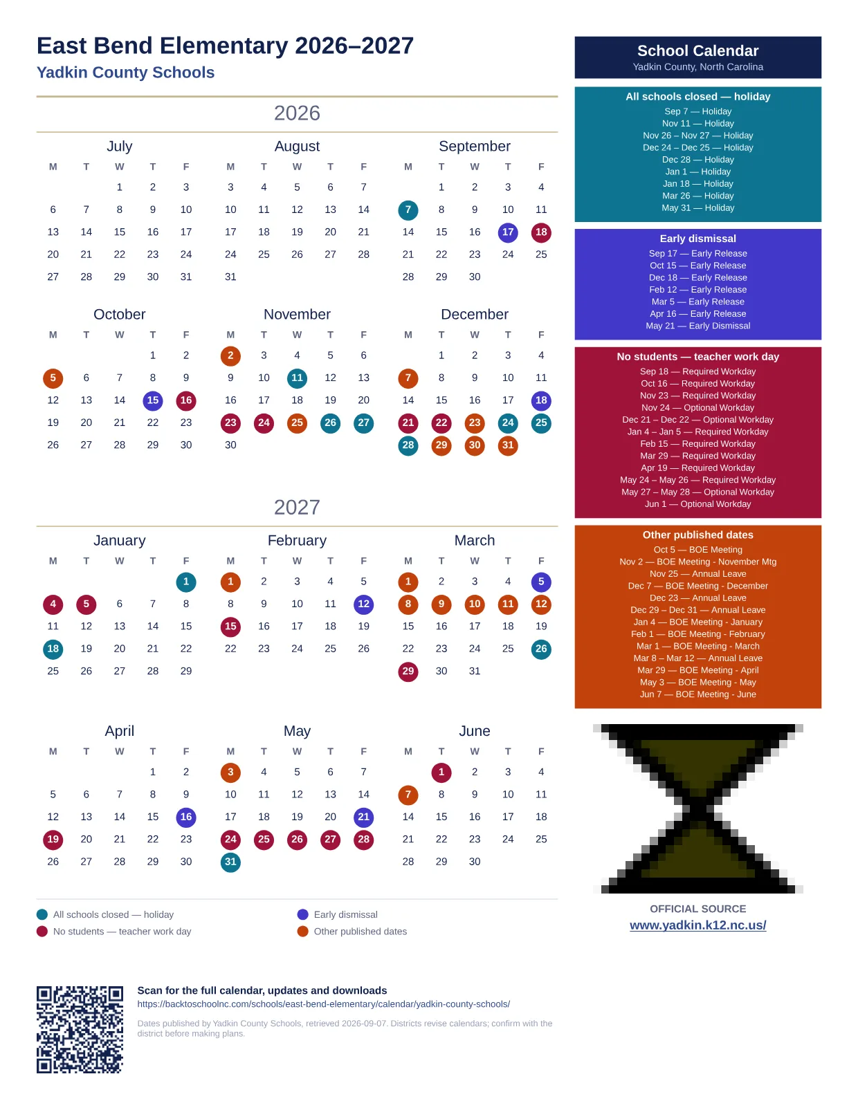 East Bend Elementary printable calendar