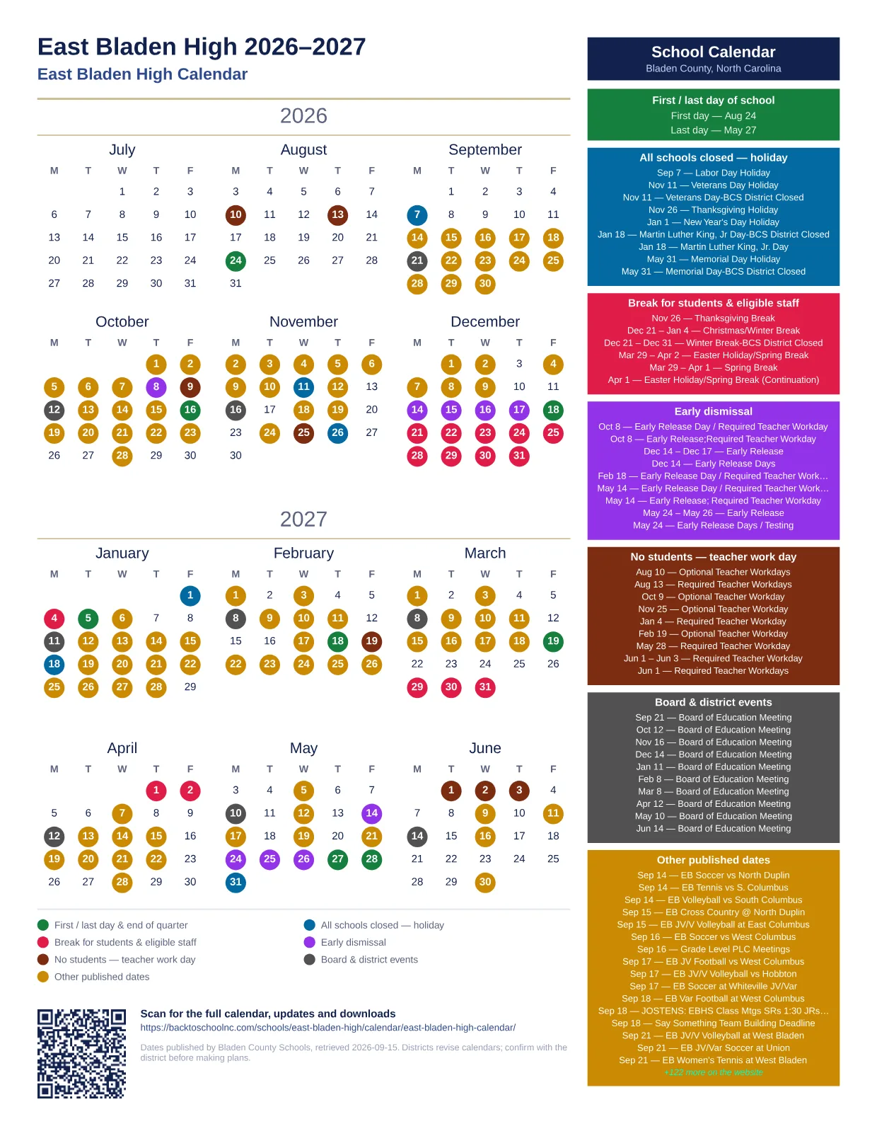 East Bladen High 2026–2027 printable calendar