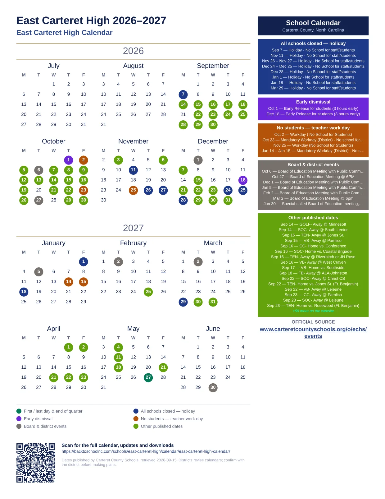 East Carteret High  printable calendar